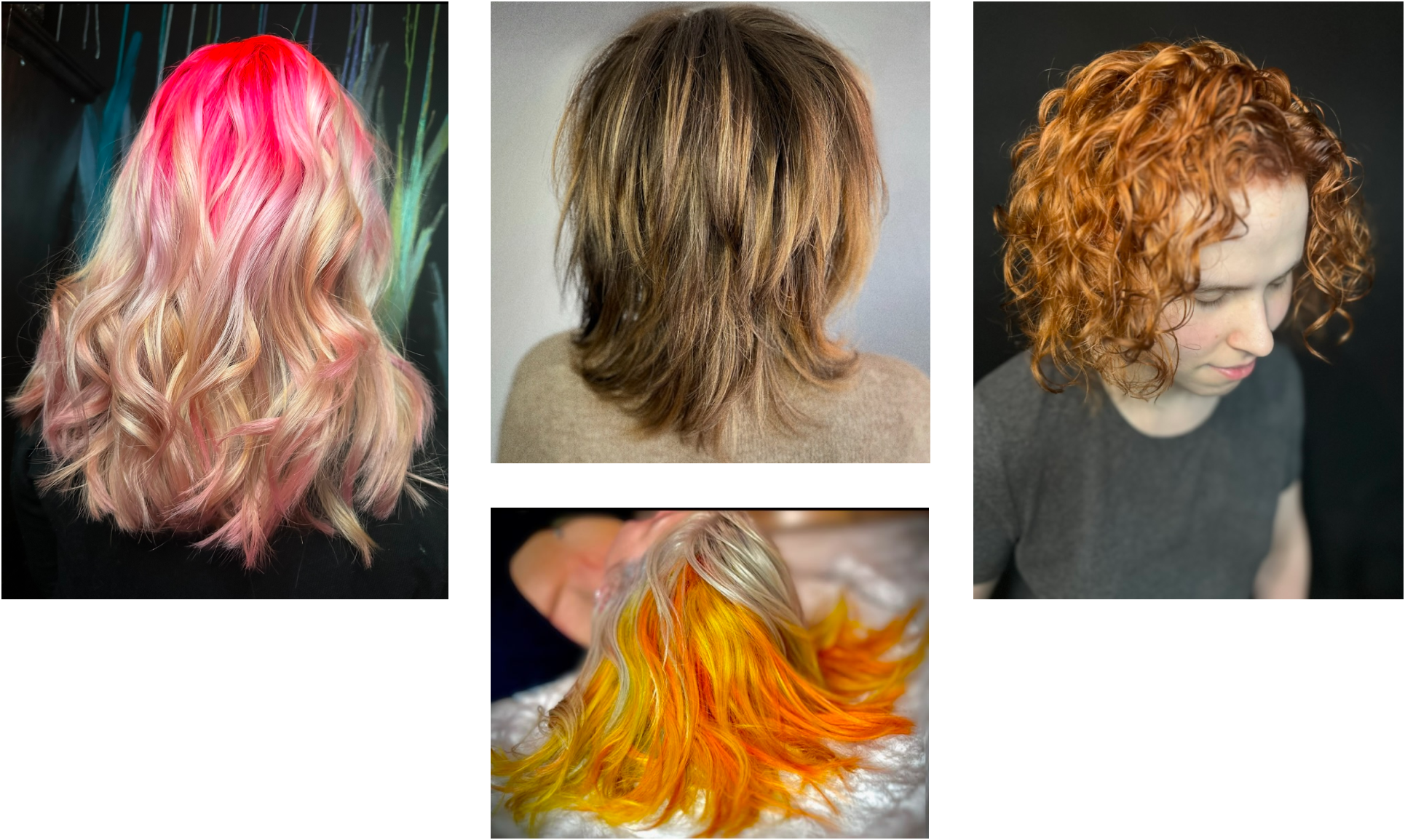 Collection of four different hairstyles: blonde hair with pink highlights and loose curls, layered light brown haircut, natural red curly bob, and blonde hair with orange and yellow dye.