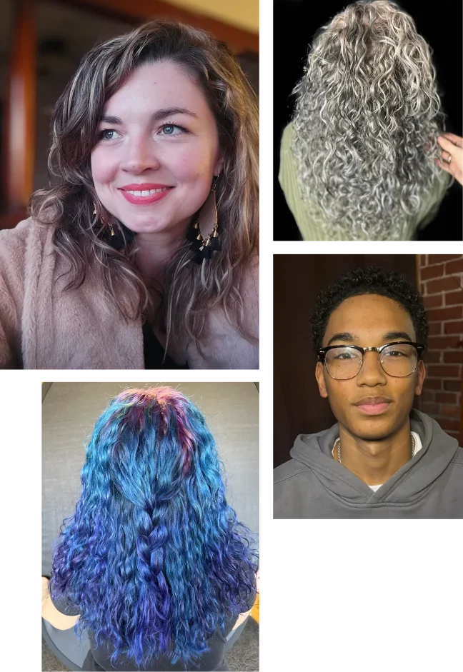 collage of four people with different hairstyles: a woman with wavy brown hair and earrings, a person with curly gray hair from the back, a young man with short curly black hair and glasses, a person with long, colorful hair in shades of blue, purple, and pink from the back.