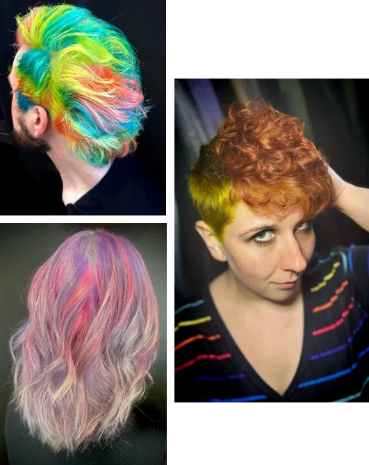 Three women with vibrant, colorful hairstyles: one with rainbow-colored hair, one with pink and purple tones, and one with short curly orange hair accented with yellow at the roots.