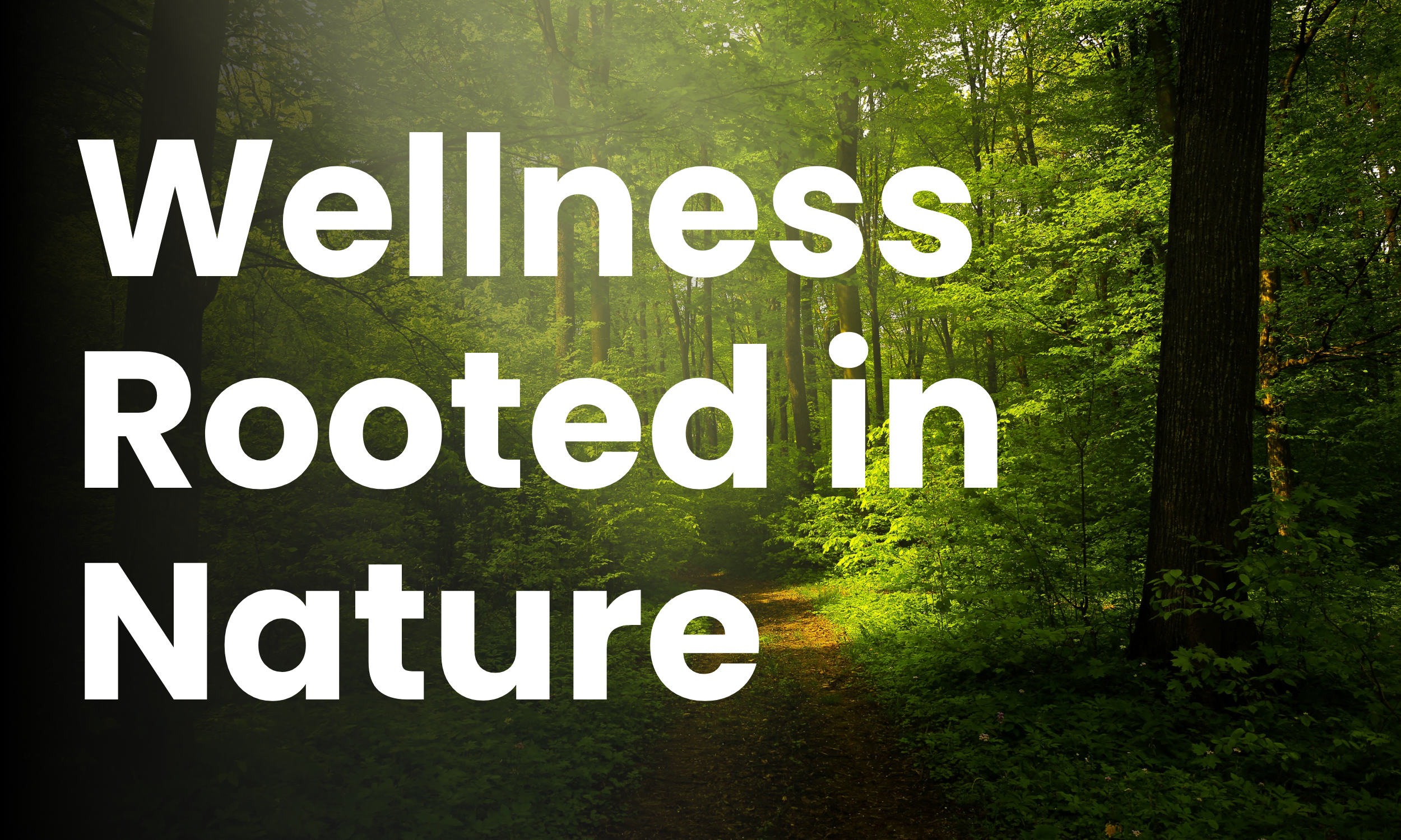 A lush green forest scene with sunlight filtering through tall trees and foliage. Overlaid text reads 'Wellness Rooted in Nature' and the small text 'The Nature Rx' in the top left corner.