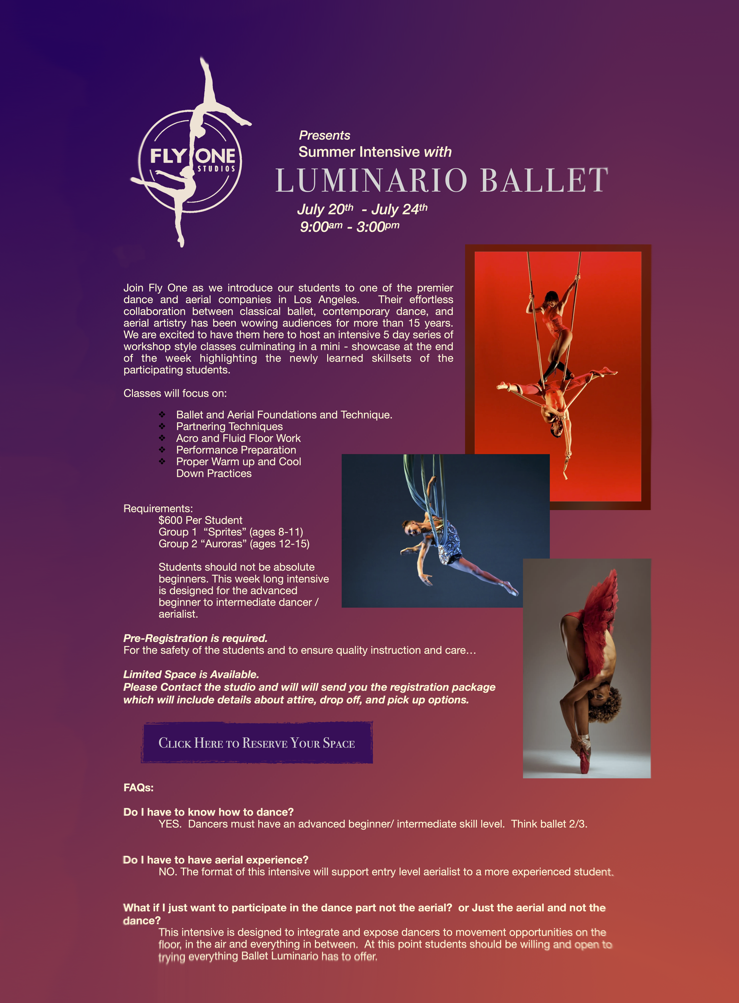 Event poster for a summer ballet intensive at Fly One Studios, July 20-24, 9:00 am to 3:00 pm, featuring images of dancers in acrobatic poses and ballet costumes.