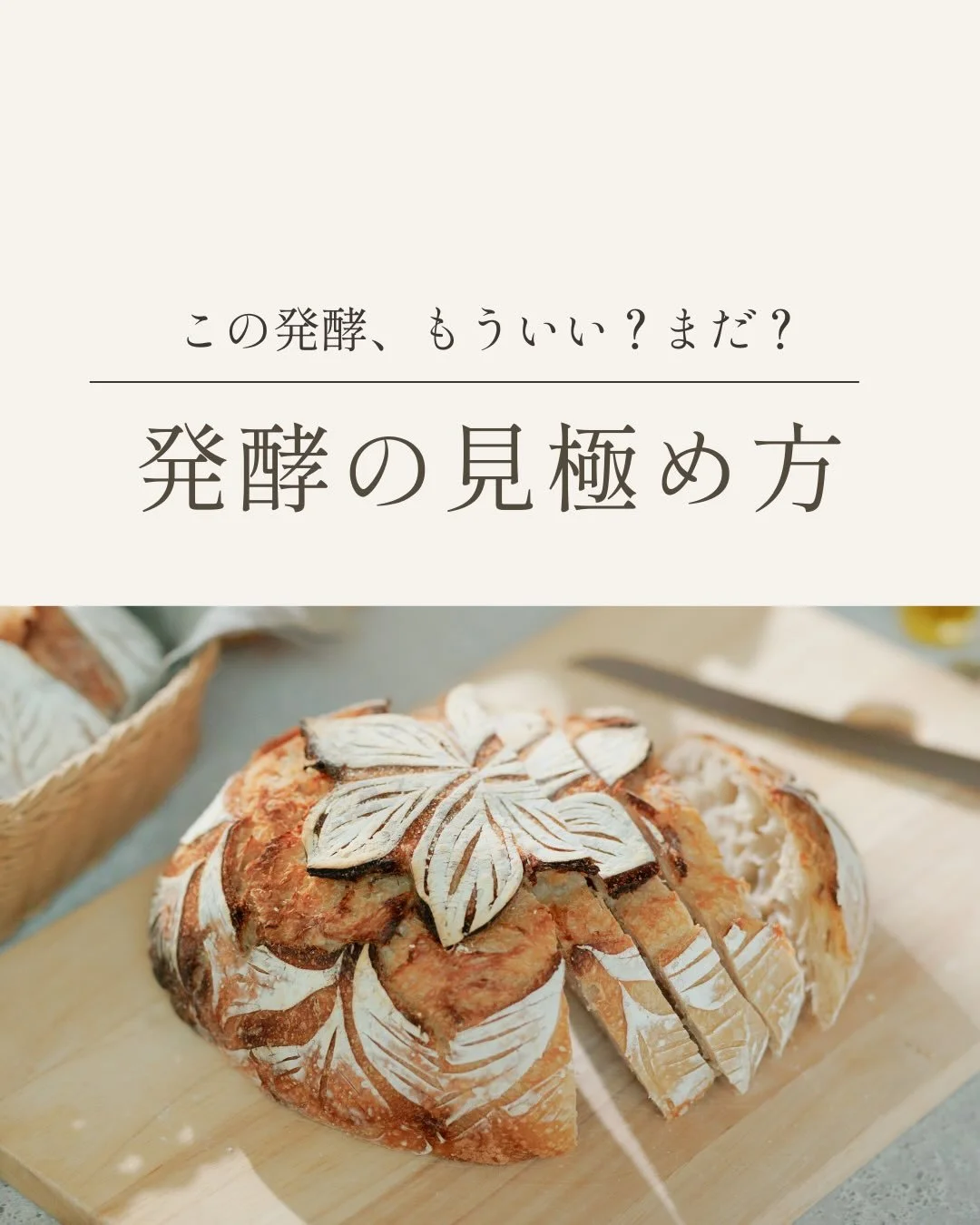🥖
◀︎この発酵、もういい？まだ？
発酵の適切な見極め方をご紹介。

「発酵、そろそろかな？」
毎回あやふや

パン作りで一番迷うのが
「もう発酵終わりでいいの？

それとも
まだ？」というタイミング。

温度や湿度に左右され、
毎回仕上がりが
バラついてしまう&hellip;。

独学で焼いているとここが
最大のストレスになる方も
多いです。

発酵を見極める３つのサイン

1. 指で押してみる
「フィンガーテスト」

・イーストを使った生地であれば、
指に直接粉をつけ
第一関節くらいまで差