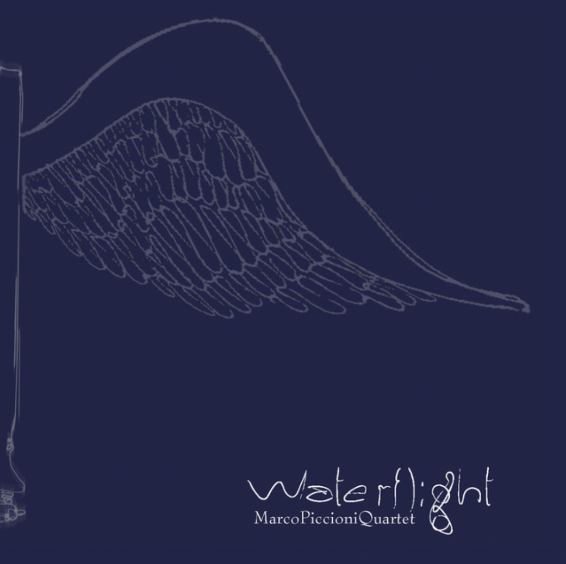 A blue background with a white outline of a wing and the words 'water{ight' and 'Marco Piccioni Quartet' written in stylized text.