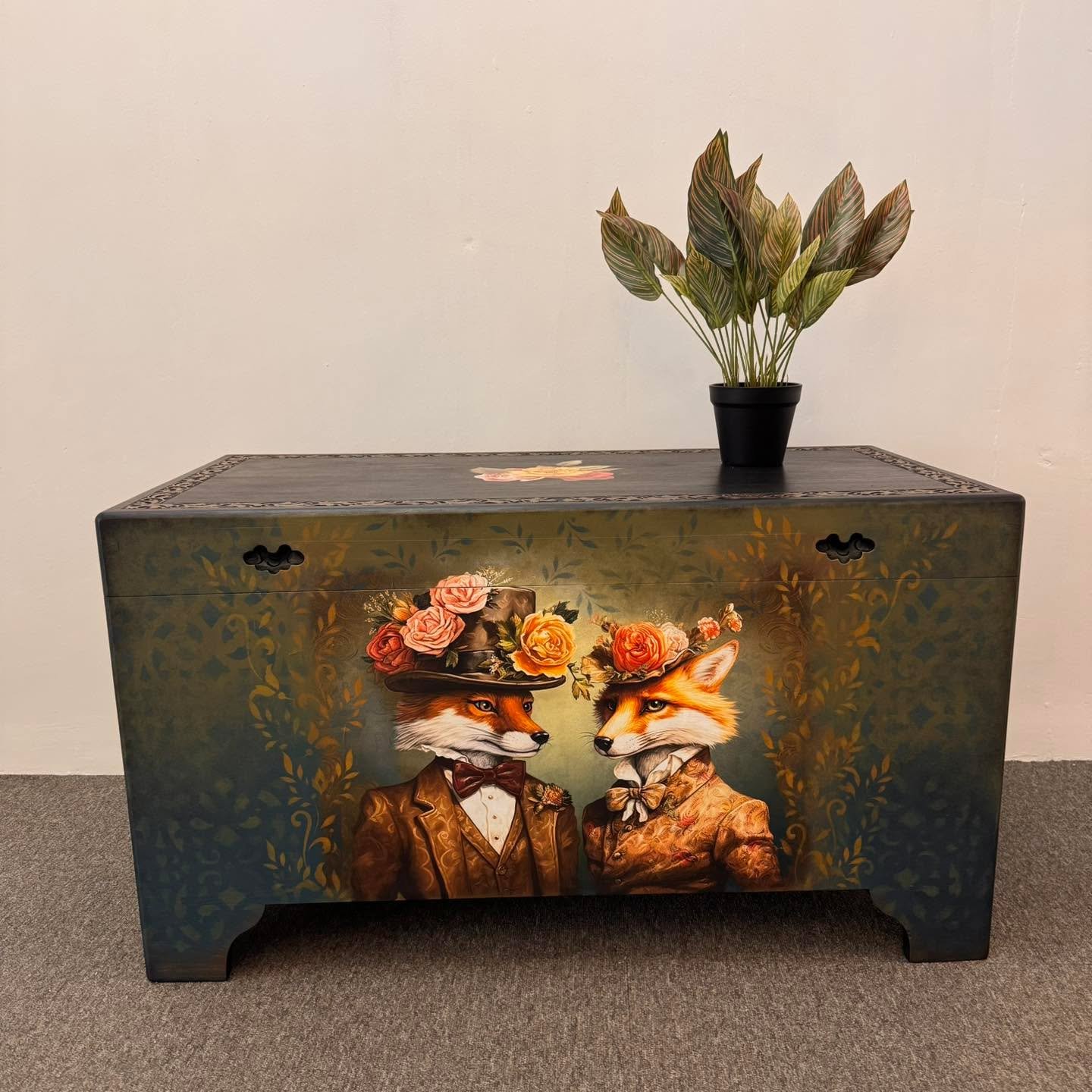 This Foxy couple decoupage paper was the perfect pairing for this lovely carved wooden chest. 
Combined with hand painted details and stencilling to complement the carving on the top. The Rose transfer completes the look tying  together the stylish c