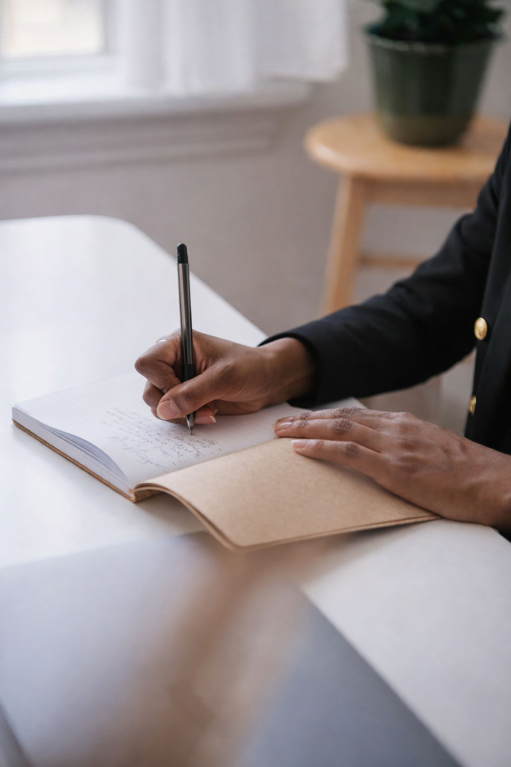 A person writing in a notebook at a white desk. The person is wearing a black blazer with gold buttons, and a green potted plant is on a wooden table in the background.