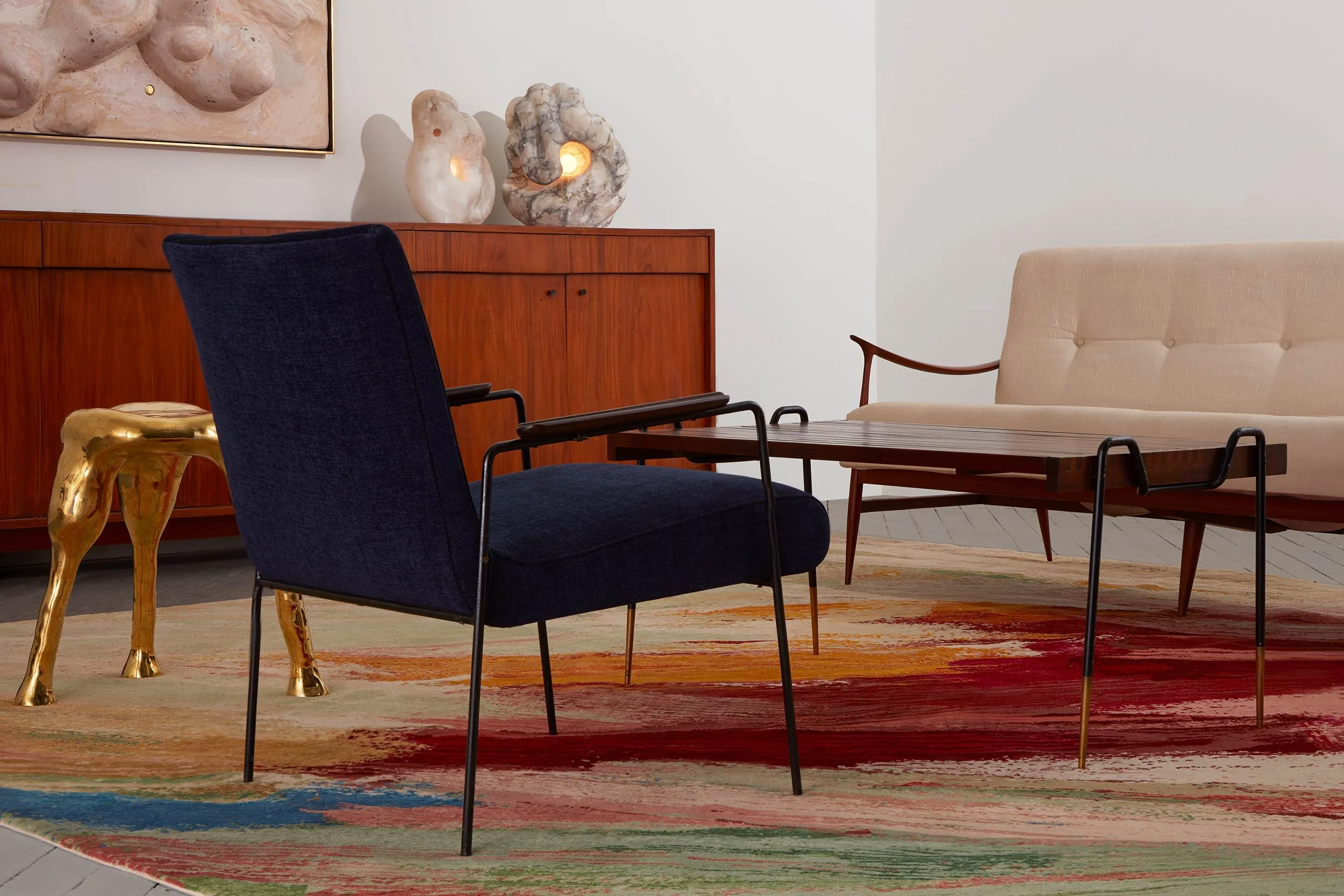 Marketing vignette of midcentury modern Brazlian furniture by Carlos Hauner, and new works by the Haas brothers and Rogan Gregory, for R & Company design gallery, NYC