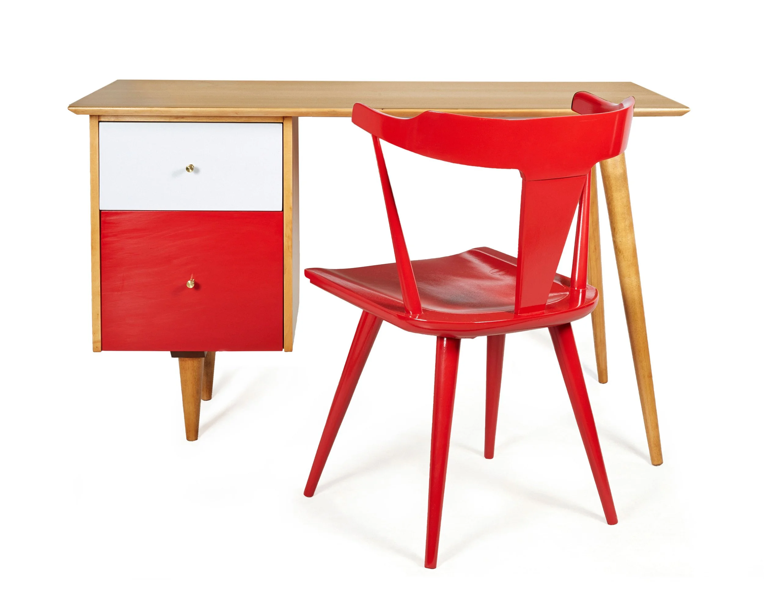 Paul McCobb custom painted blond maple desk and red lacquer chair, for Planner Group, Winchendon Furniture, shot for Las Venus, NYC