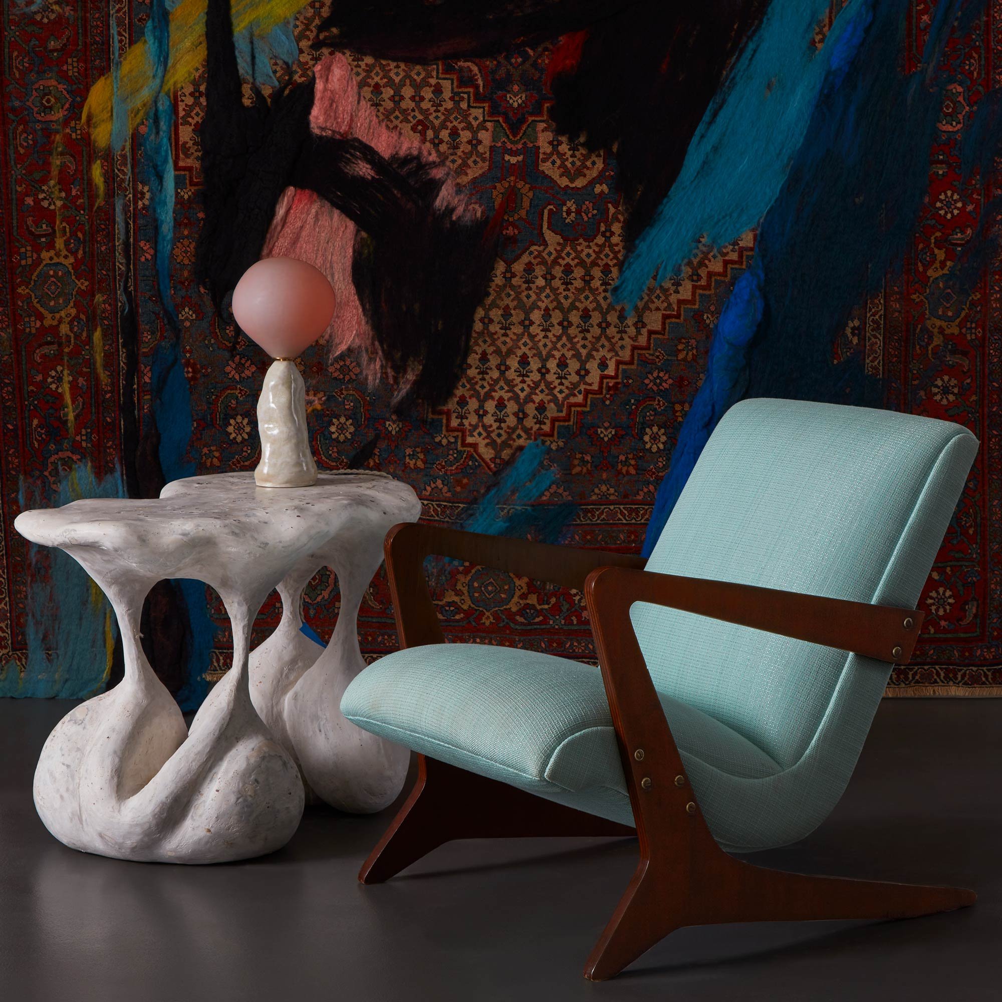 Marketing vignette of a Dana Barnes tapestry, Rogan Gregory side table, and Jose Zanine Caldas lounge chair, for R & Company design gallery, NYC