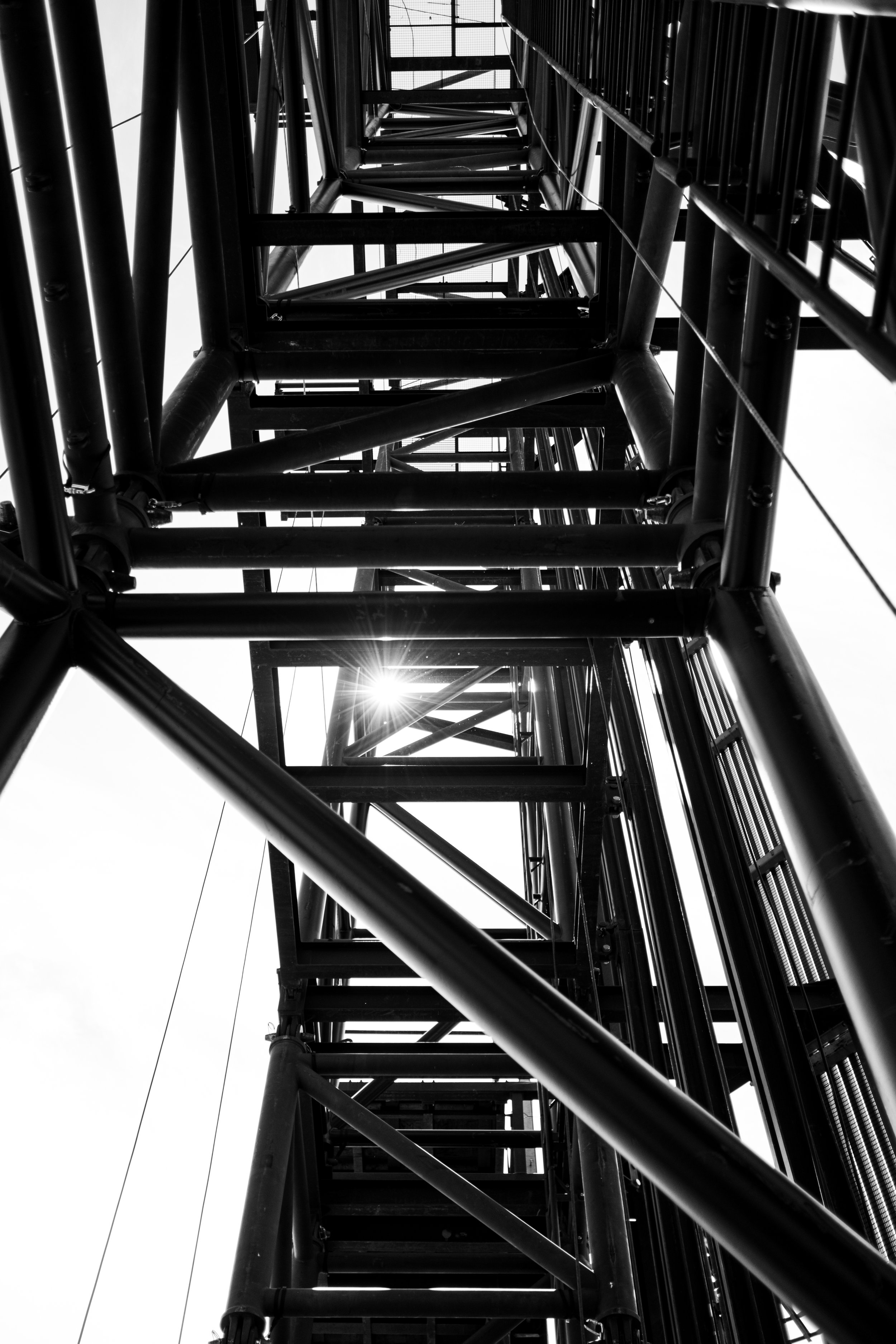 Black and white photo of a tall metal fire escape ladder viewed from below, with sunlight peeking through.
