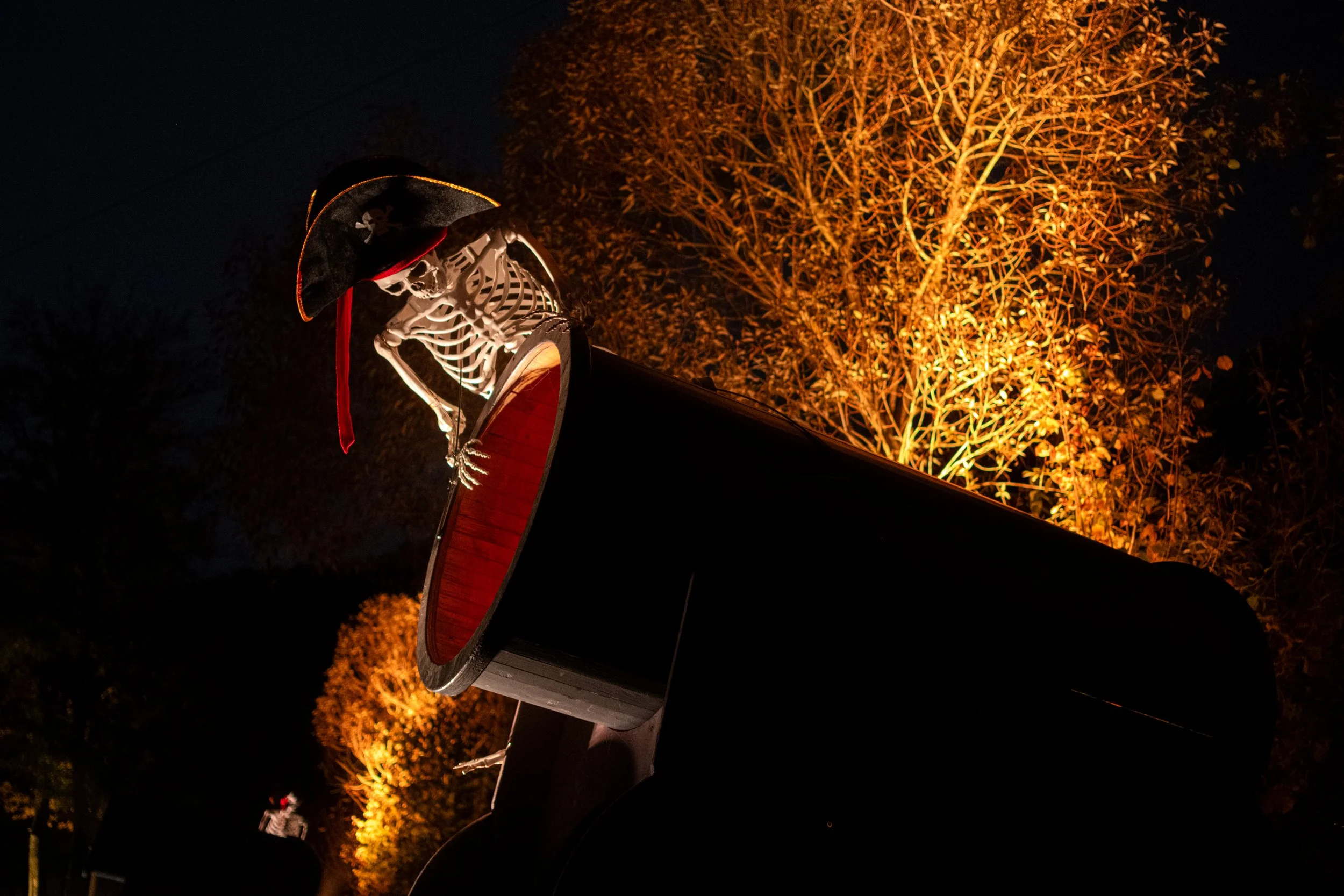 A skeletal figure dressed as a pirate, holding a lantern, standing next to a large firework rocket in the night with orange-lit trees in the background.