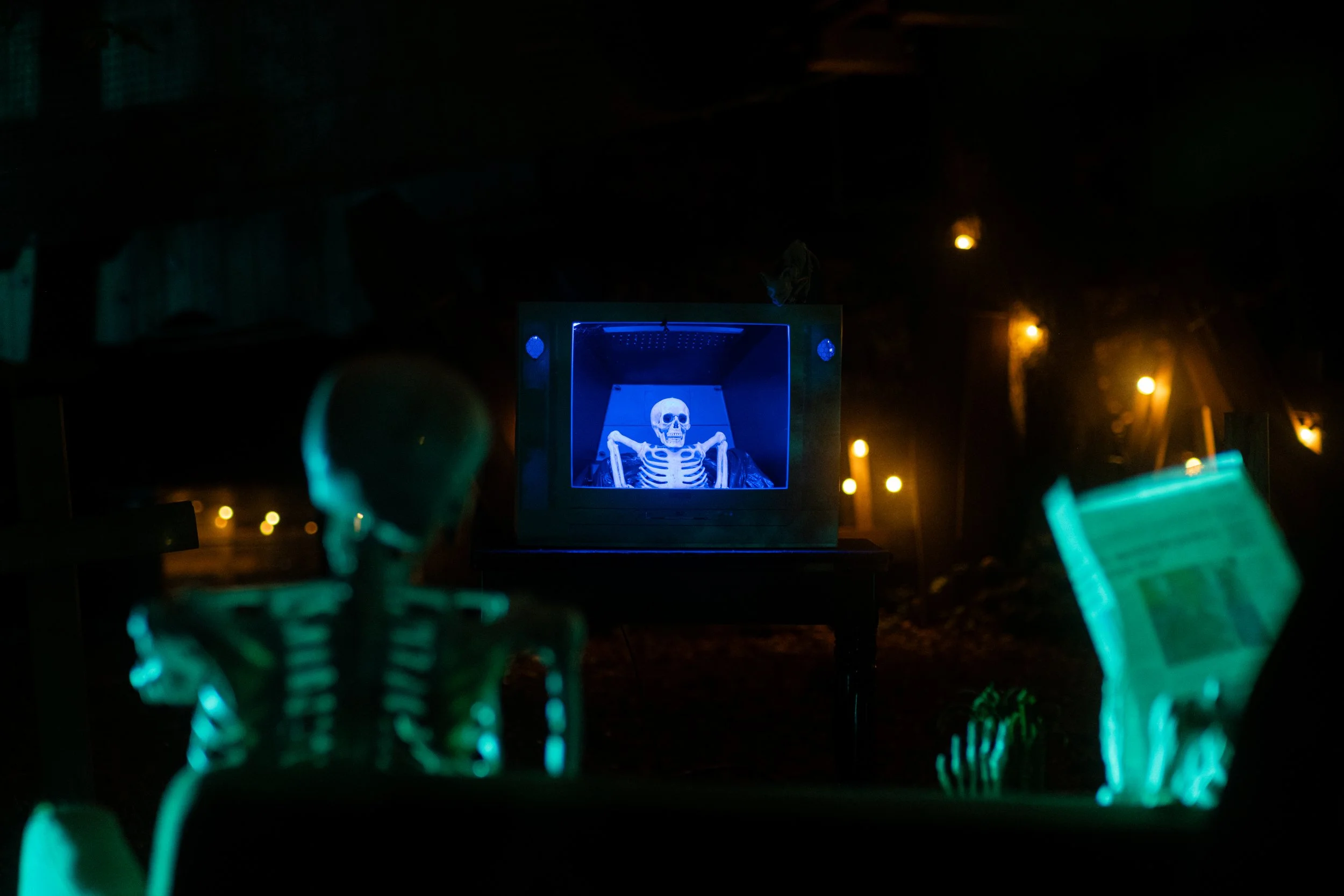 Skeletons seated outdoors in front of a glowing blue-lit display featuring a human skeleton, with additional skeleton figures nearby, surrounded by dim lighting and yellow street lights.