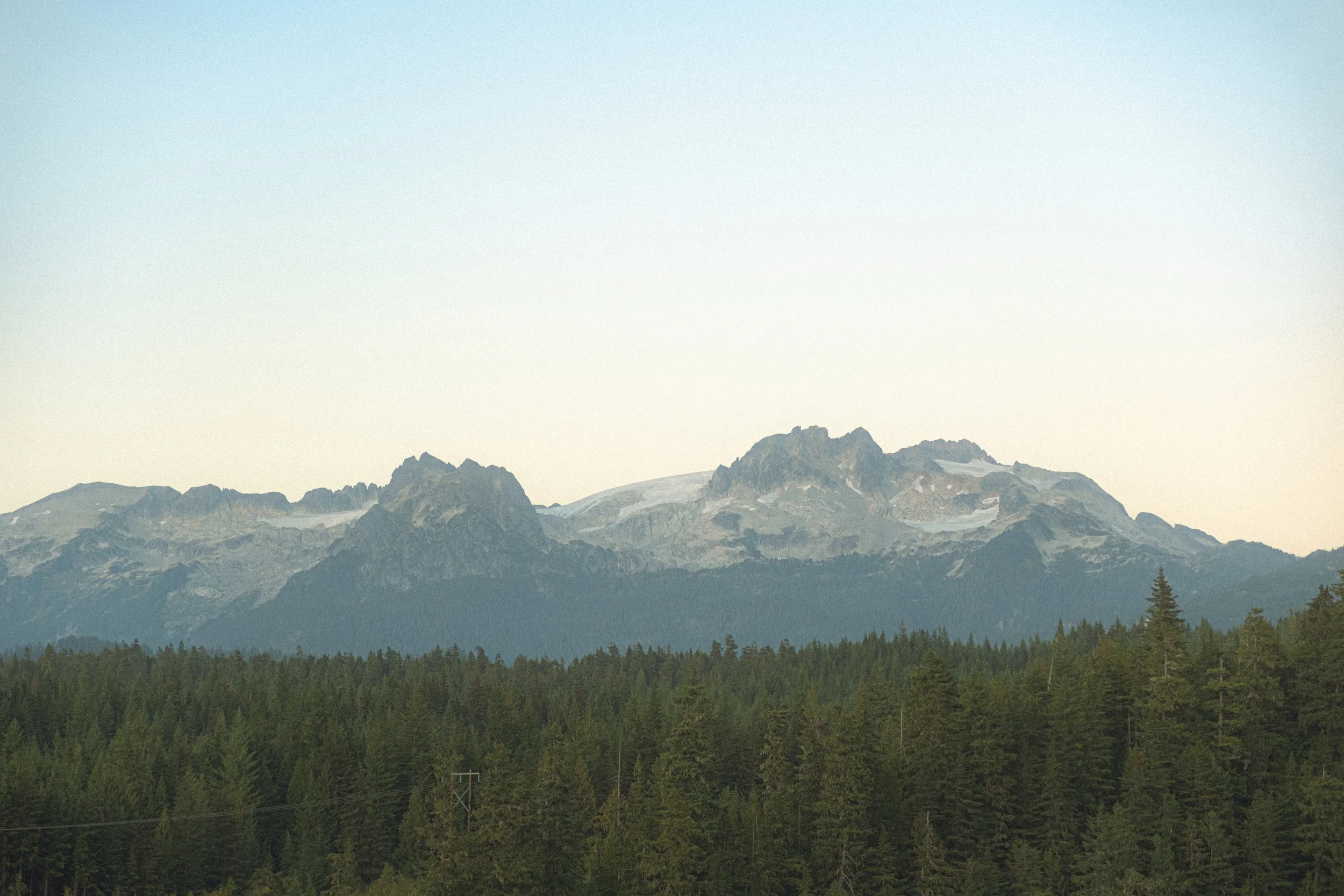 A mountain range with rugged peaks and a forest of evergreen trees in the foreground, under a clear sky.