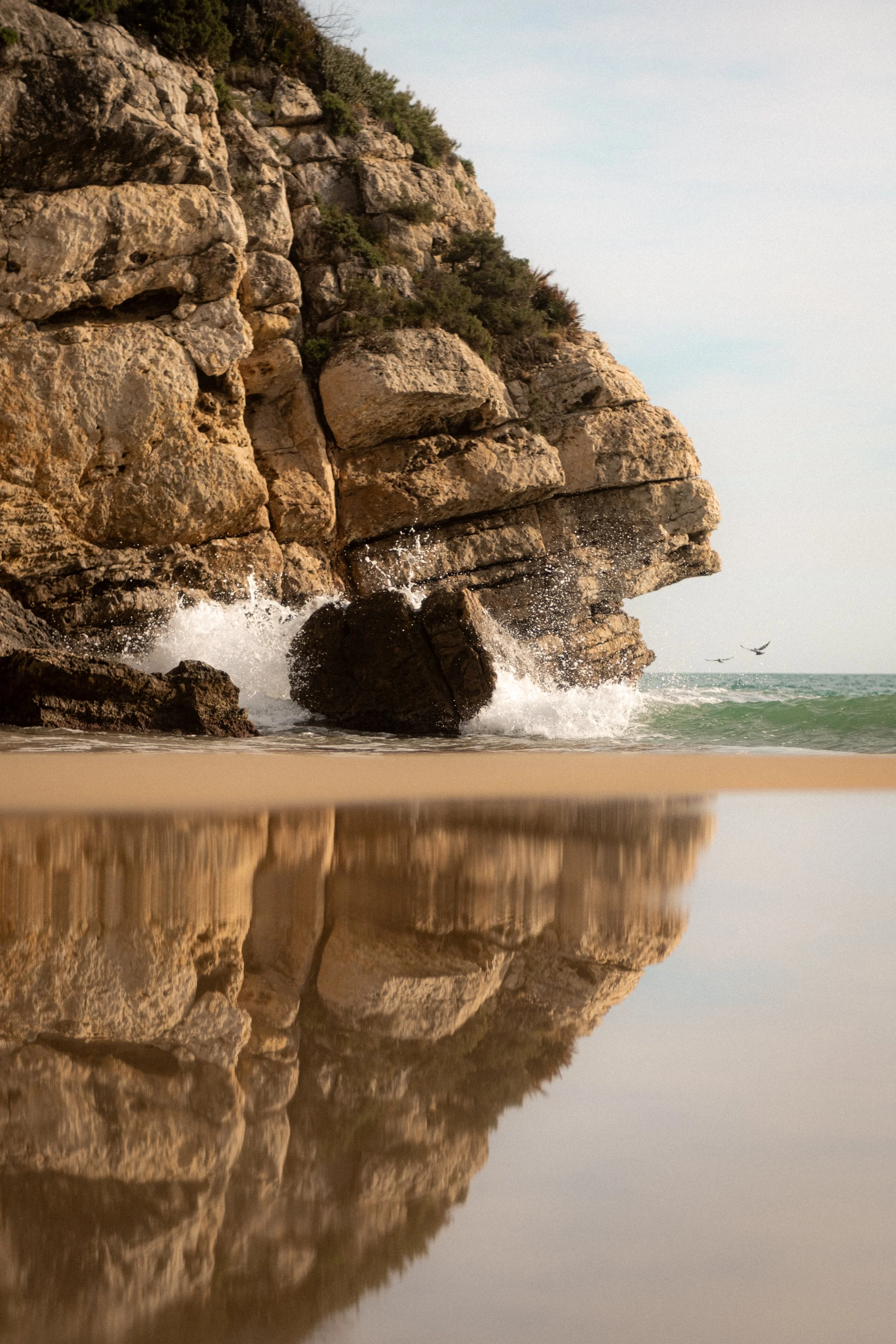 A rocky cliff next to the ocean with waves crashing at the base and some birds flying in the sky, with the cliff's reflection visible on the water.