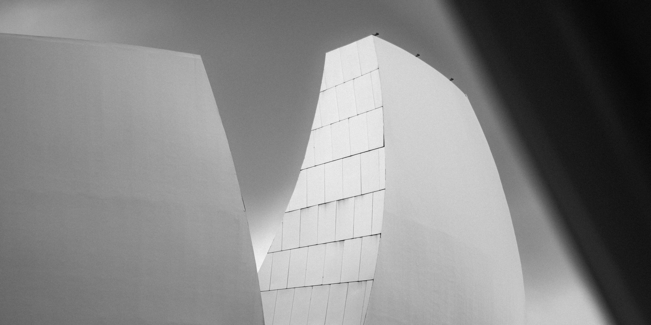 Abstract black and white architectural photograph showing intersecting curved and straight surfaces of modern building.