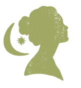 Silhouette of a woman's profile with a moon and star supporting her head.