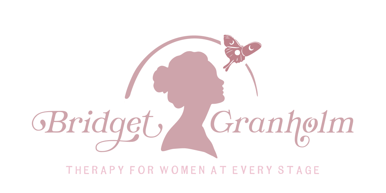 Logo for Bridget Granholm with a silhouette of a woman's profile, a lunar moth, and the text "Therapy for Women at Every Stage."