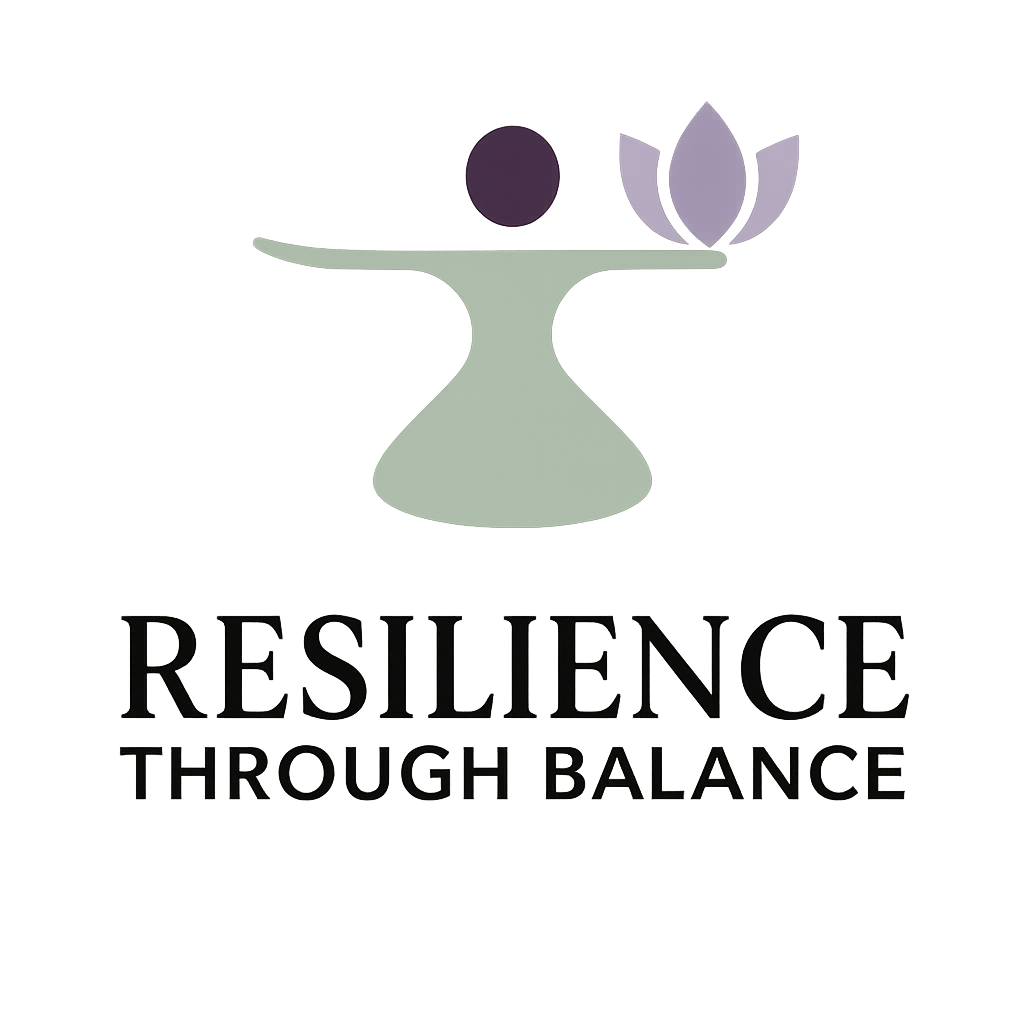 Logo featuring a stylized balancing figure with a purple circle head and a purple lotus flower on one arm, along with the text "RESILIENCE THROUGH BALANCE".