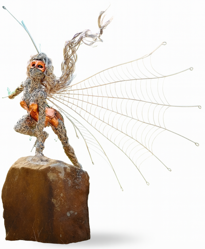 A mixed-media sculpture of a fairy with insect wings, holding a sword, standing on a rock