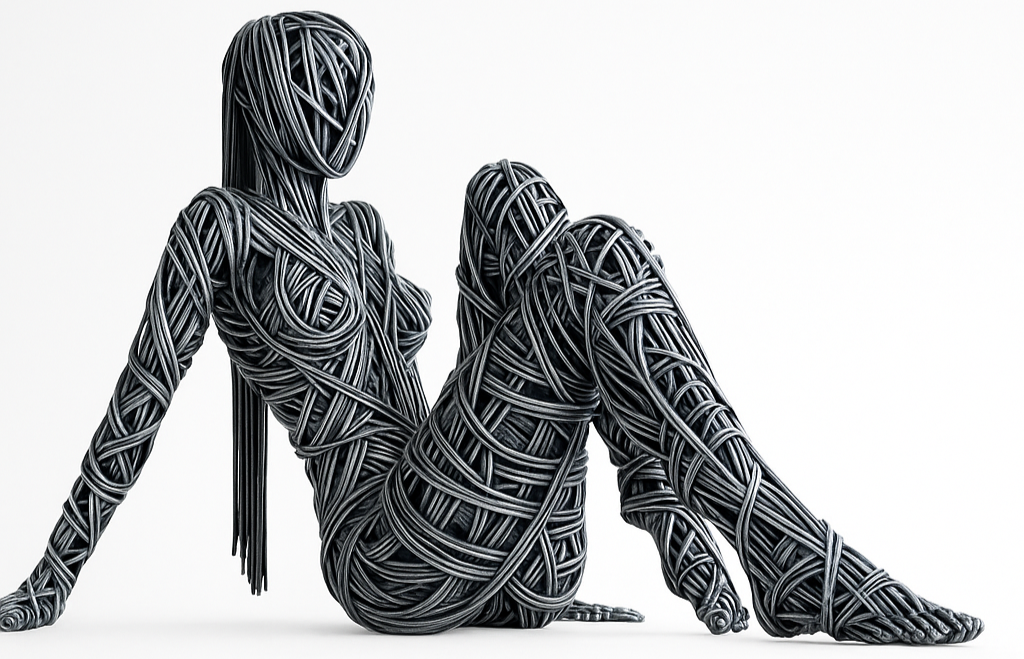 Sculpture of a seated woman made from black wires, resembling a figure wrapped in wires with a smooth, abstract style.