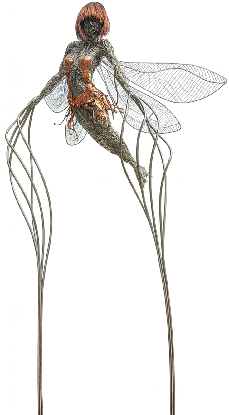 An art sculpture resembling a fairy with insect features, made from metal and other materials, with wings and a humanoid form.