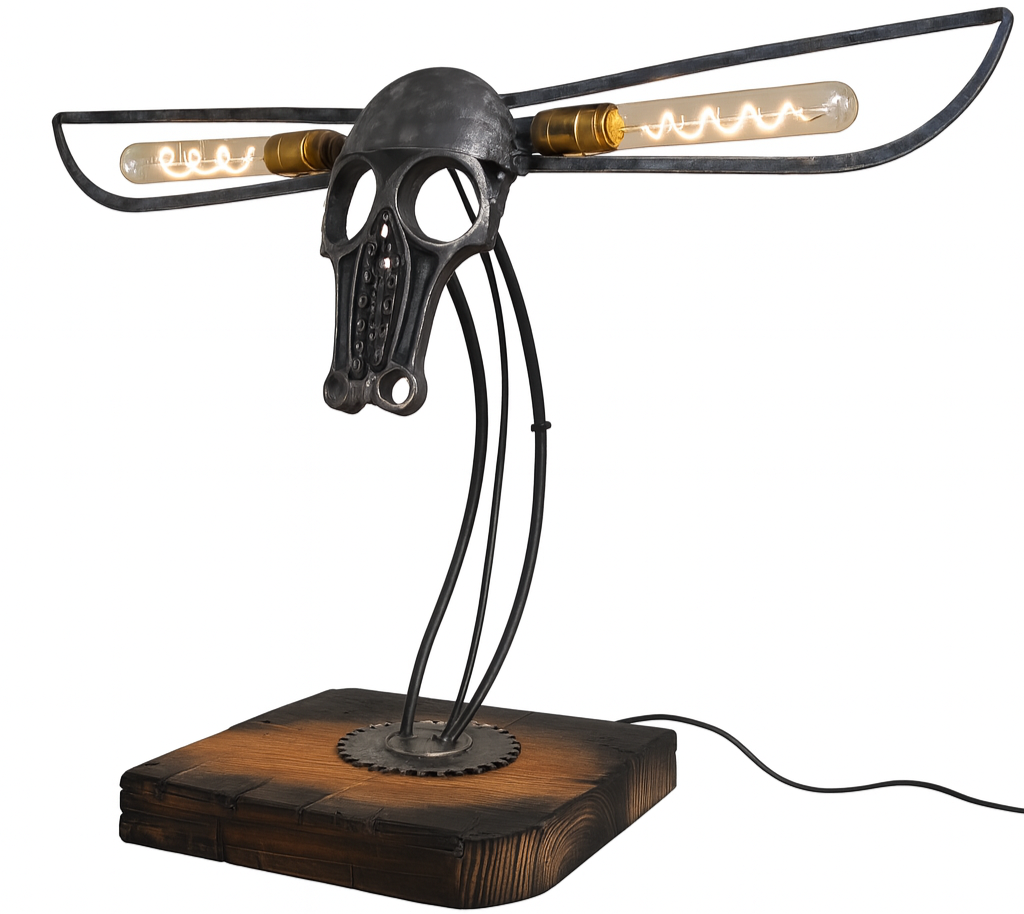 Sculpture of a skull with large wings and a wooden base, featuring vintage-style filament light bulbs as eyes.