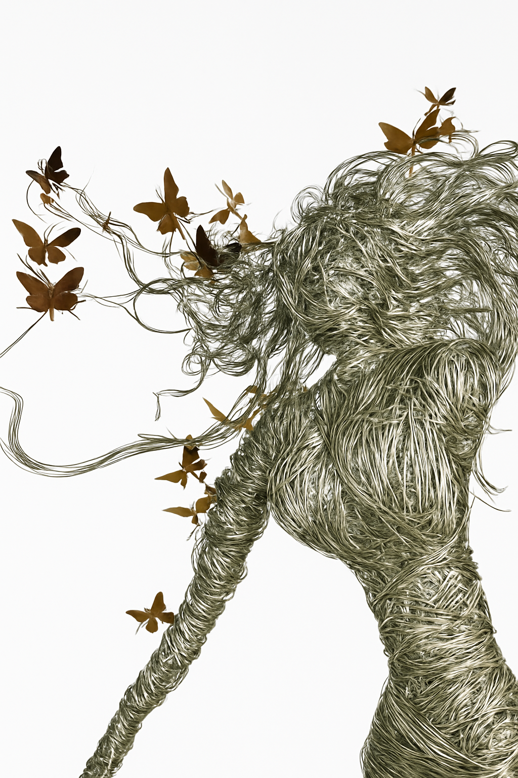 Abstract digital art of a human figure made of swirling lines with butterflies emerging from the head and flowing outward.