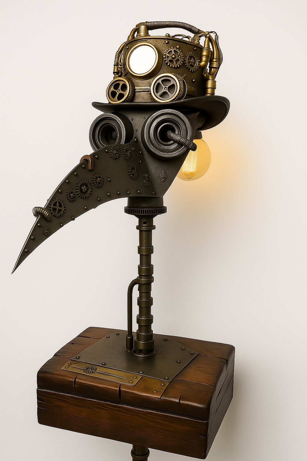 Steampunk-style lamp with a bird-shaped beak, gears, and a light bulb, mounted on a wooden stand.