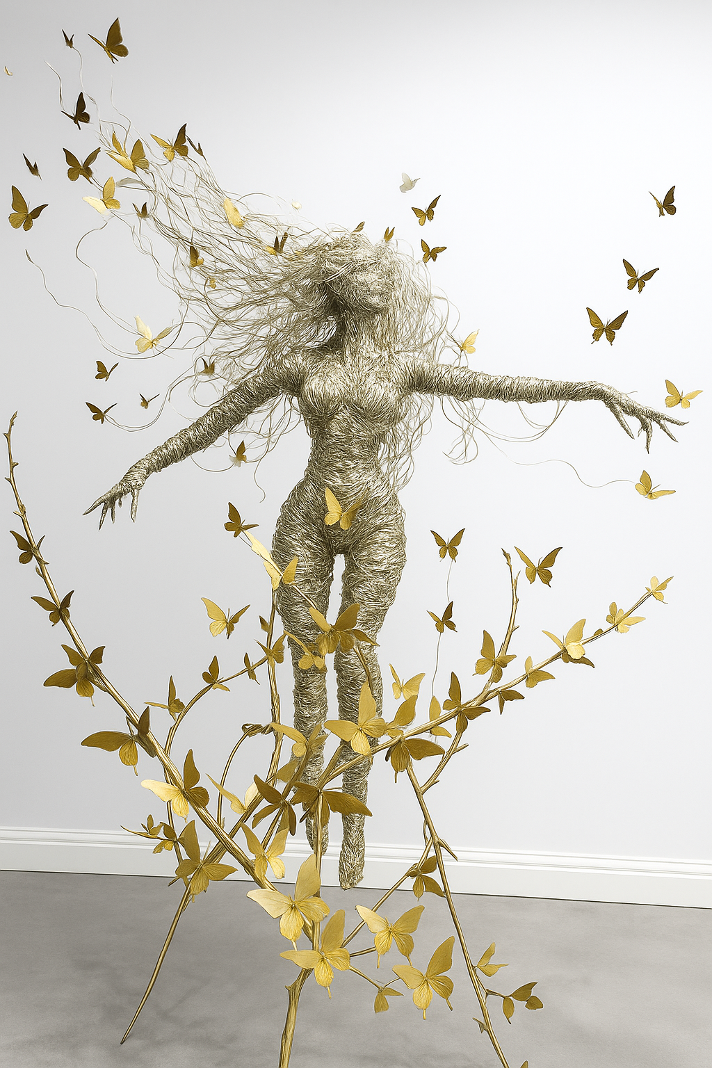 An art sculpture of a human figure with outstretched arms, made of wire and metallic materials, surrounded by and intertwined with golden butterflies and plant-like structures.