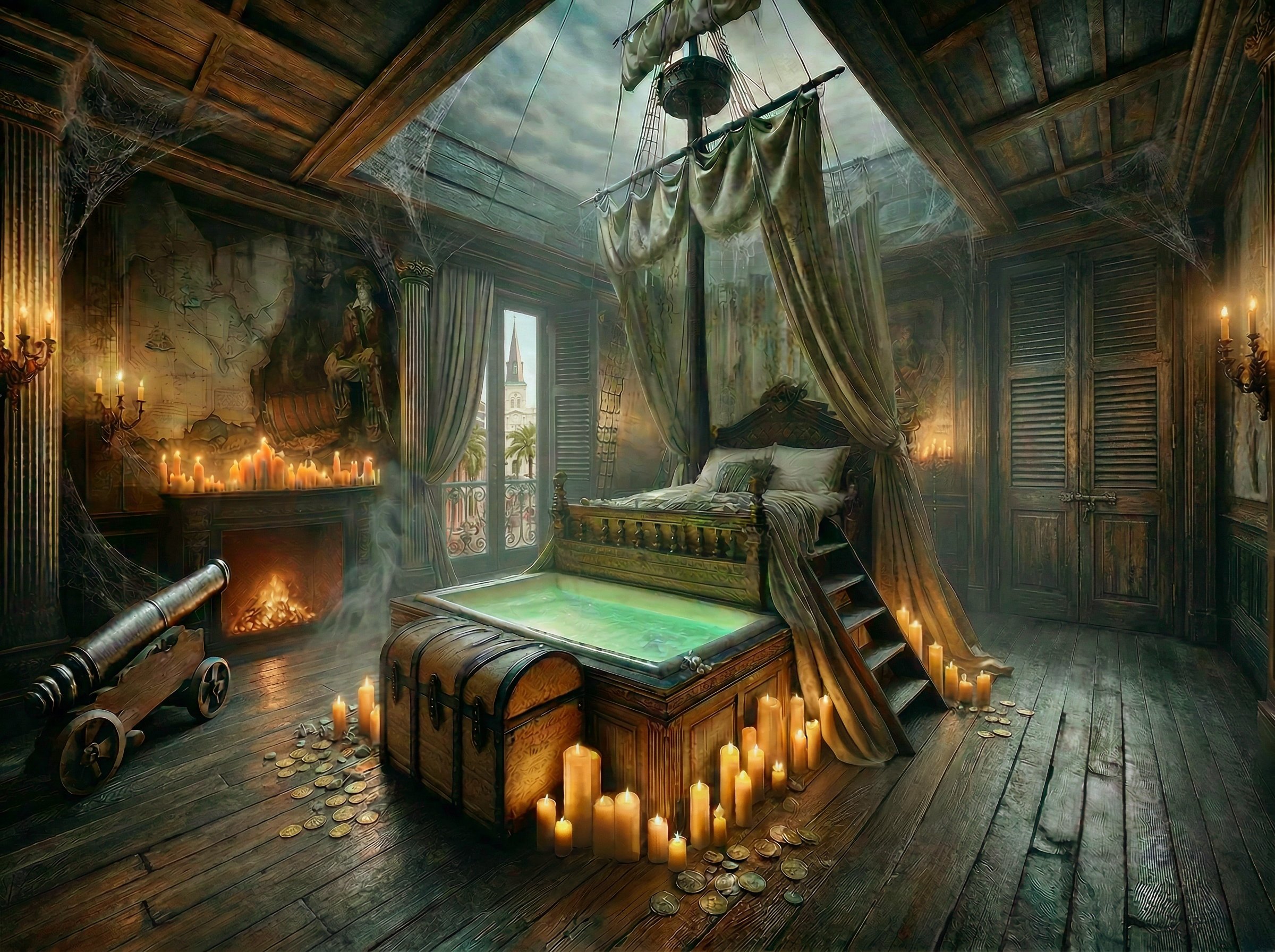 A room with a pirate theme, featuring pirate-themed decor, a four-poster bed with tattered curtains, numerous candles, gold coins scattered on the wooden floor, a cannon, and a painting with a map, creating a mysterious and adventurous atmosphere.