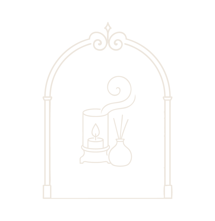 Line drawing of a candle with a flame, a smoking pipe, and a vase with reed sticks, all inside an ornate arched frame.