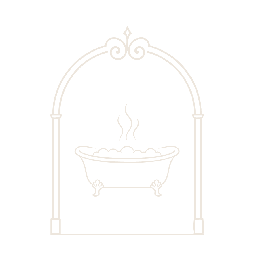 Stylized illustration of a steaming bathtub within an ornate archway.