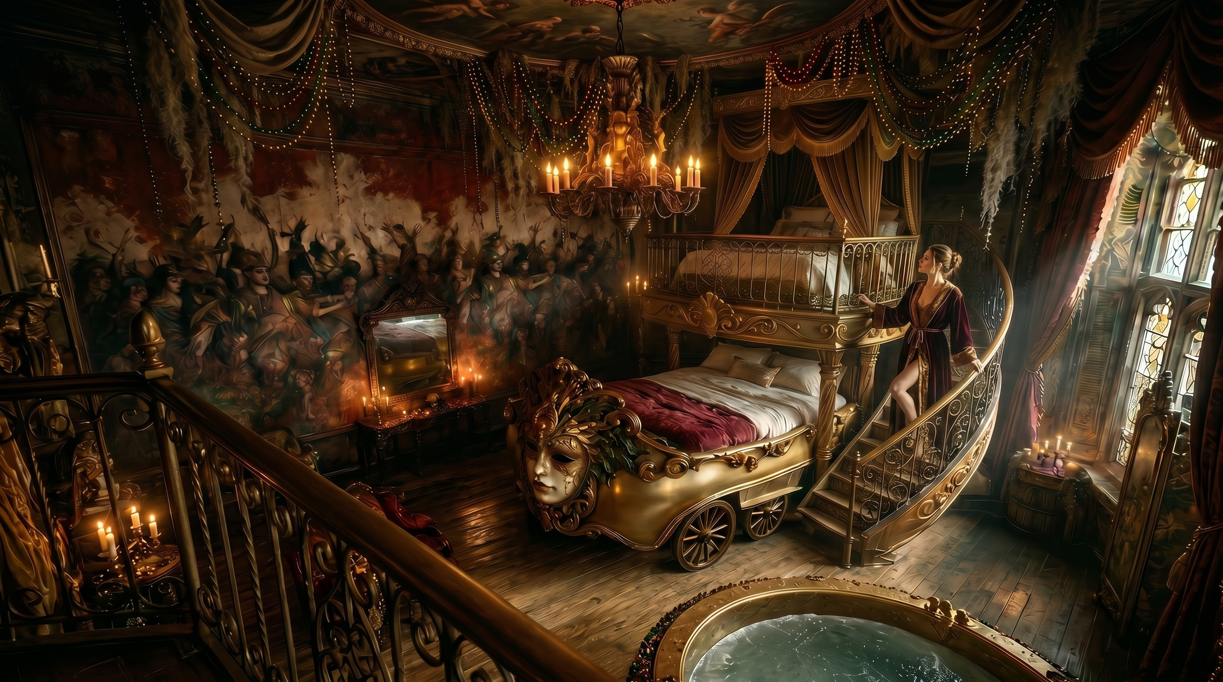 Luxurious bedroom with chandelier, gold accents, ornate iron bed, and a woman in a velvet robe standing on a staircase. Decor includes draped curtains, string lights, and theatrical masks.