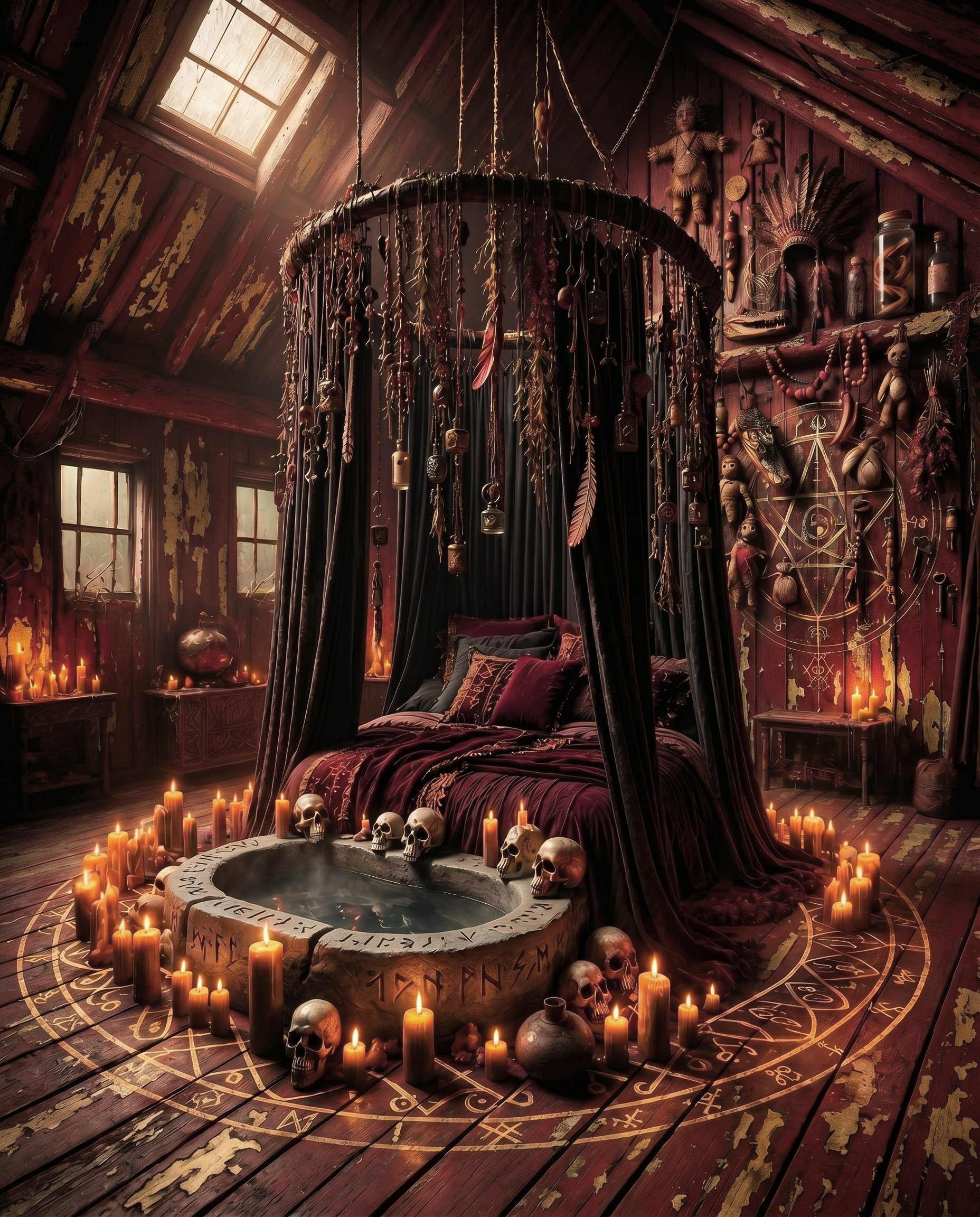 A dark, mystical room with candles surrounding a large stone basin inscribed with runes. The room has a pentagram painted on the wooden floor, various skulls and jars as decor, and a canopy bed draped with dark red velvet. The walls are decorated with tribal art, feathers, and mystical symbols, and there are candles in the corners providing a dim, warm glow.