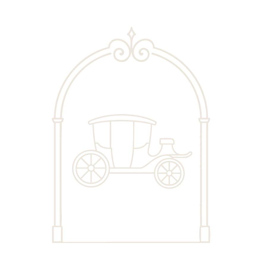 Black background with a white outline of a decorative arch and an old-fashioned baby carriage or pram hanging in the center of the arch.