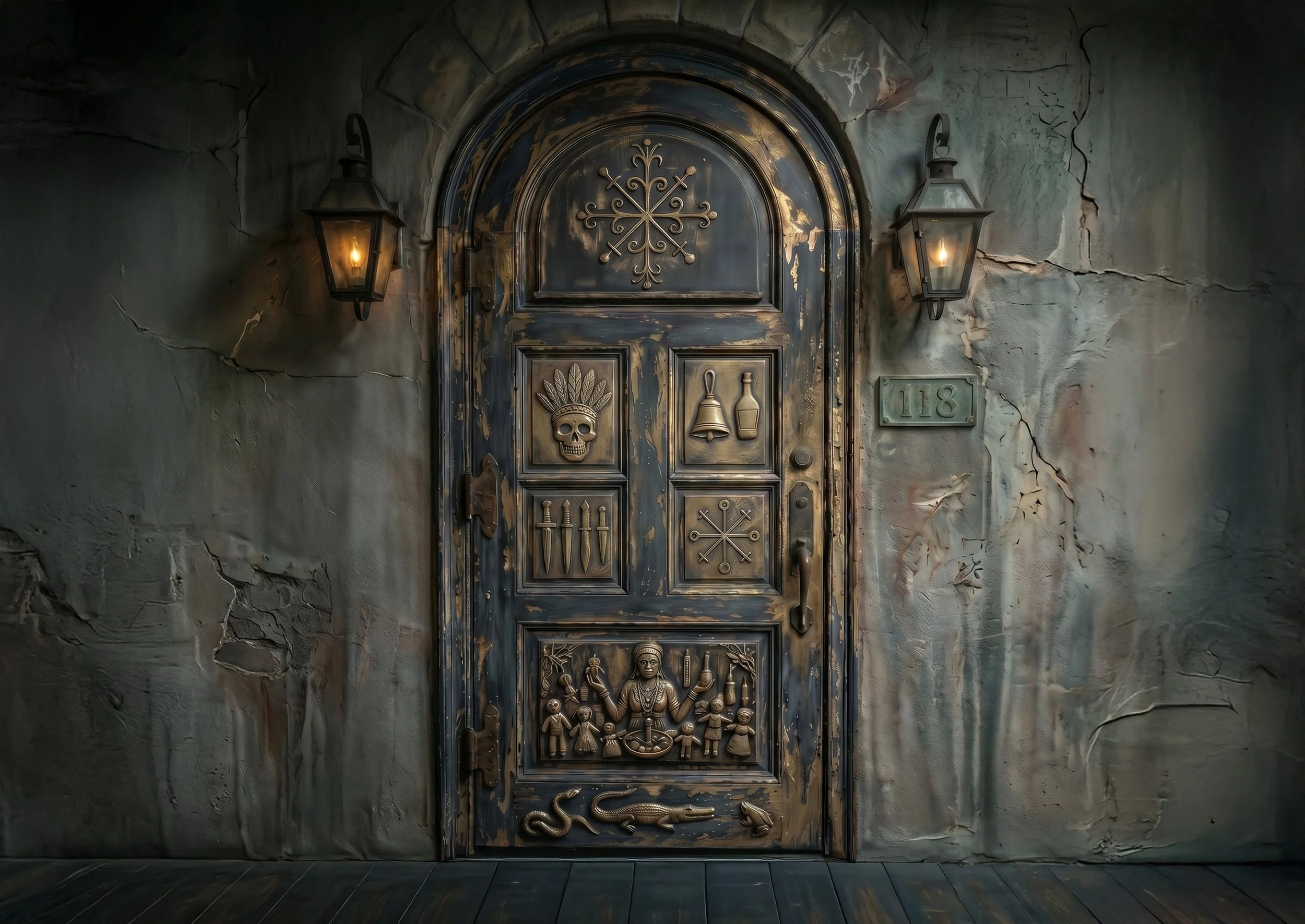 A dark metal door with intricate, gold-colored designs, including skull, bell, and figurine motifs, set within a cracked and weathered concrete wall, illuminated by two wall-mounted lanterns.