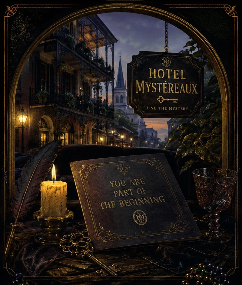An outdoor view of a hotel called "Hotel Mystereaux" at dusk, with a sign hanging and a large window display showing a candle, quill, old book with the words "You Are Part of the Beginning," and a glass, surrounded by plants and ornate decorations, with a city street and church steeple in the background.