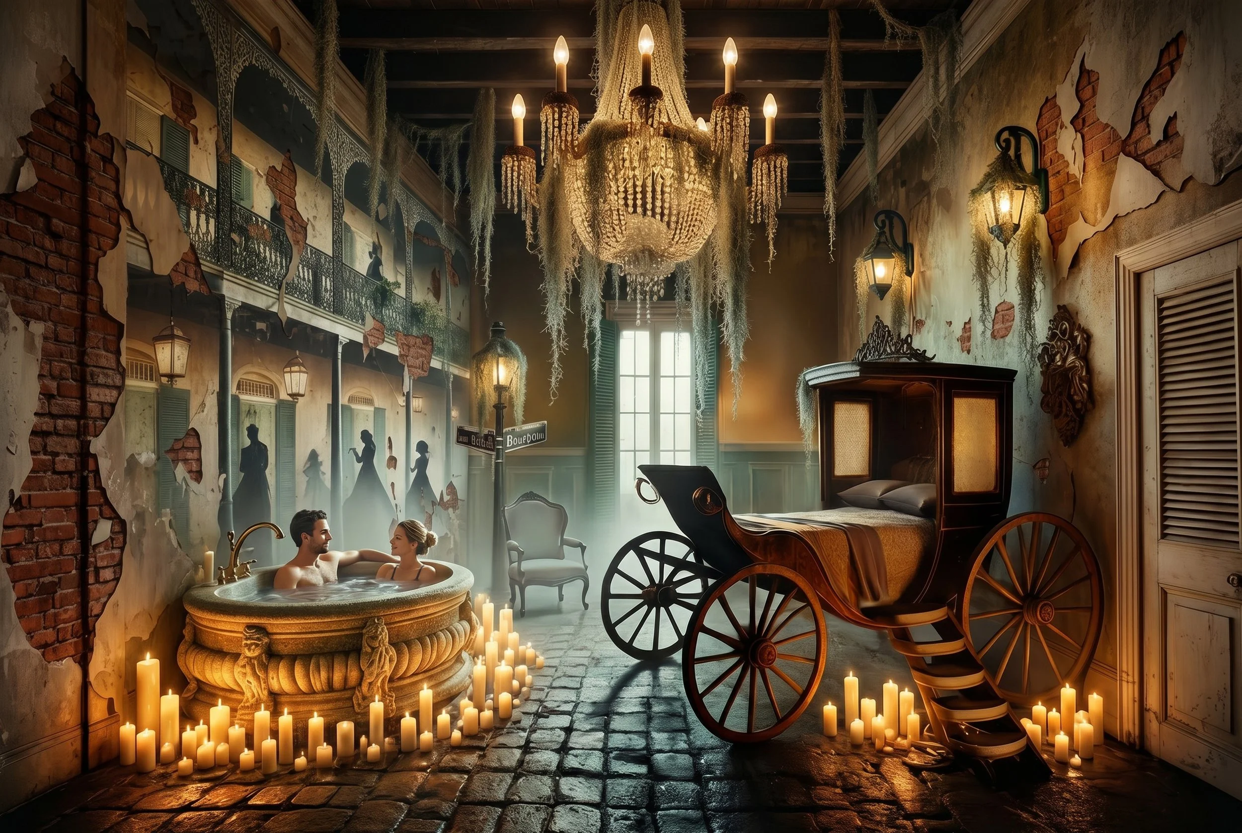 A vintage room with exposed brick and peeling paint walls, lit by candles and a chandelier, featuring a couple in a bathtub surrounded by candles, a vintage horse-drawn carriage, and various antique furnishings.
