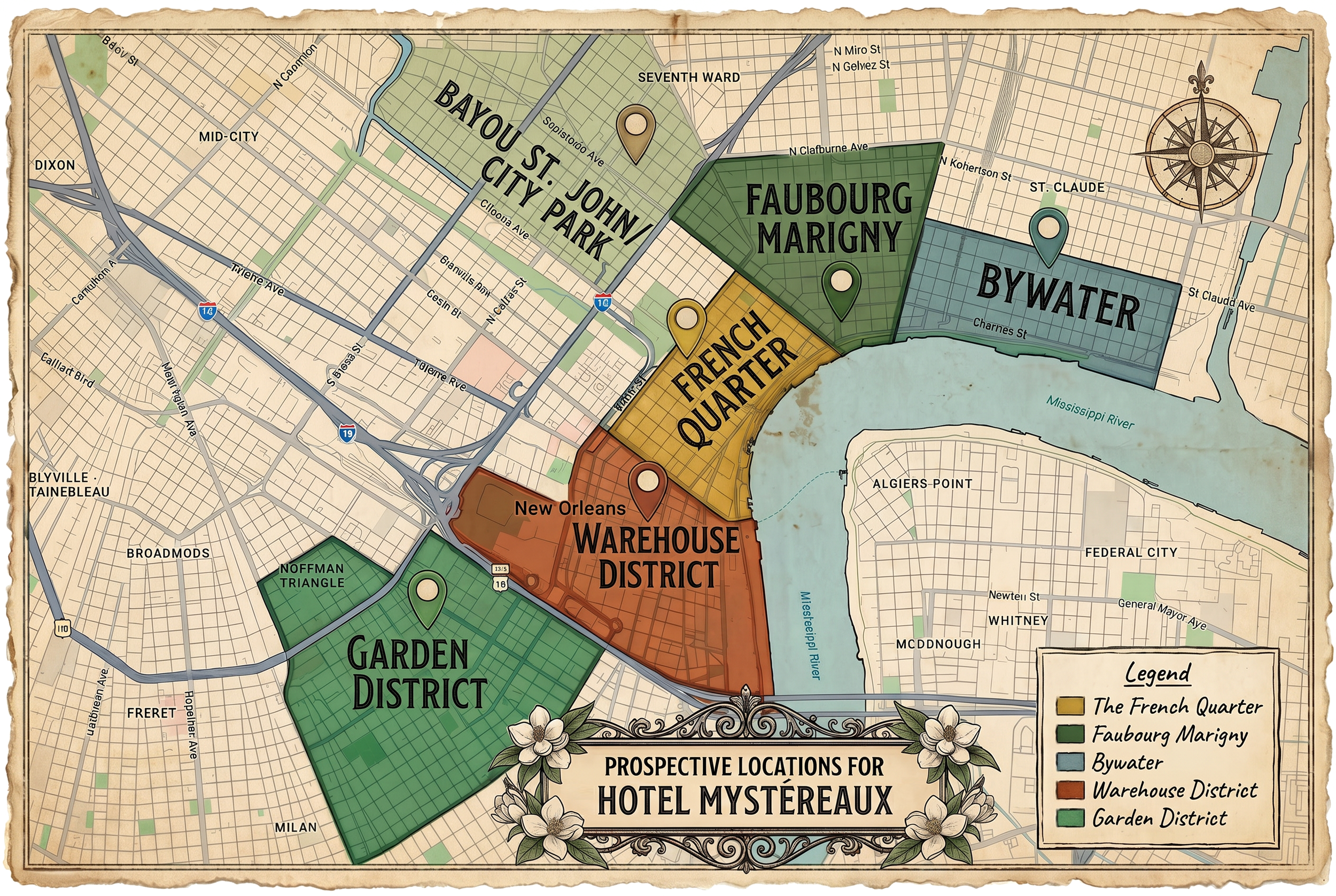 A vintage map of New Orleans highlighting different districts including the French Quarter, Faubourg Marigny, Bywater, Warehouse District, and Garden District, with an ornate floral design and a compass rose in the top right corner.
