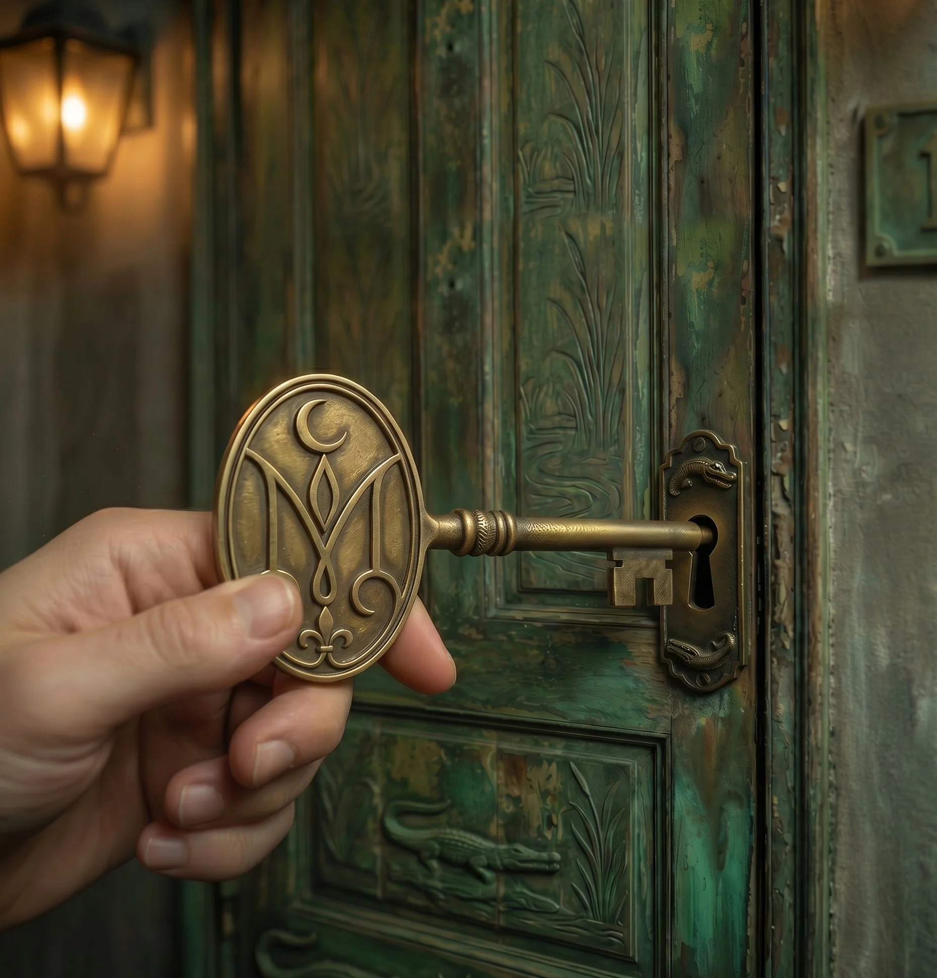 A hand holding a vintage brass key in front of a green, textured wall with ornate patterns and a wall-mounted lantern.