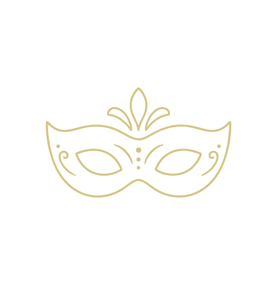 A decorated masquerade mask with gold outlines and a black background.