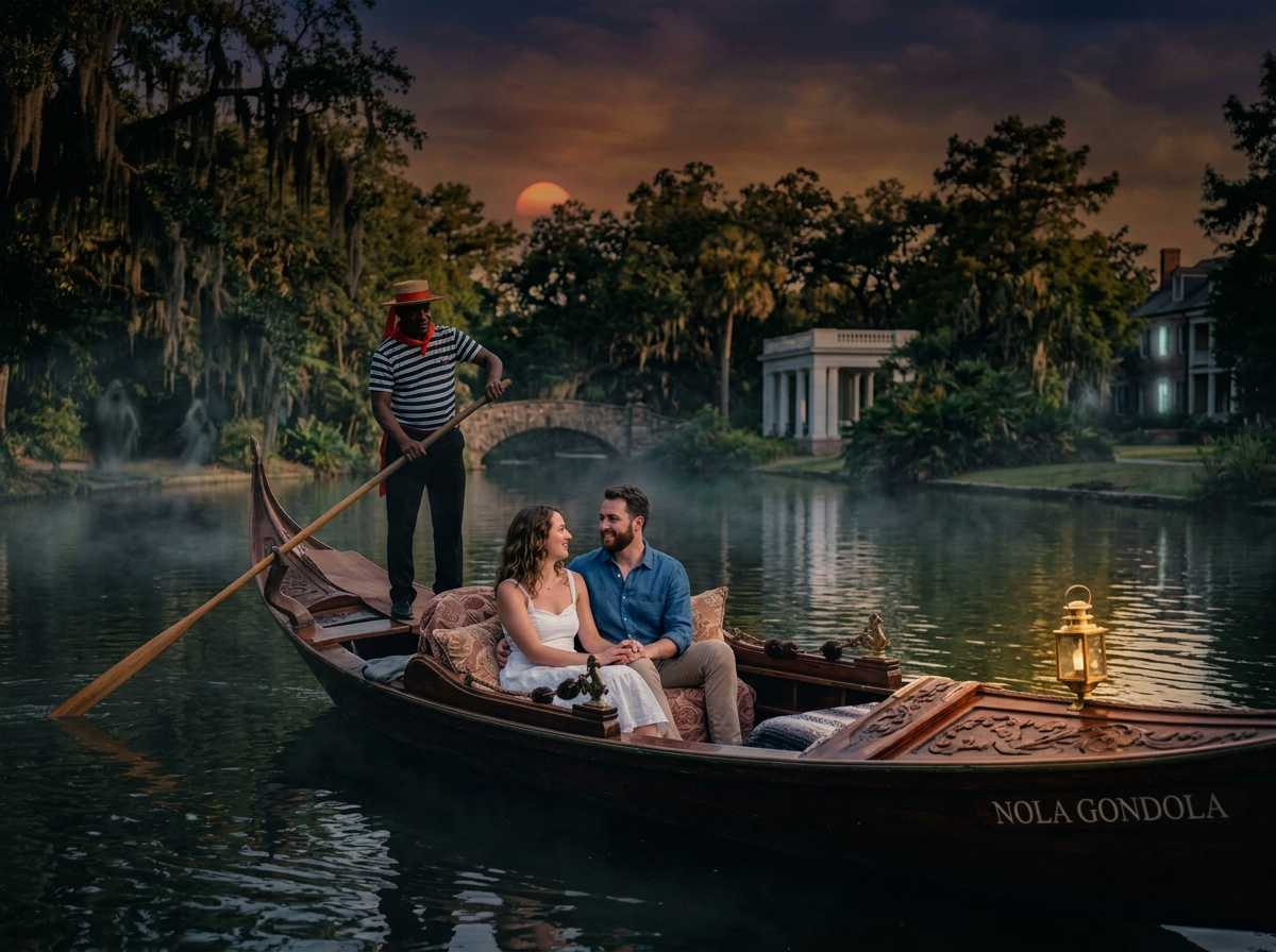 A romantic scene on a gondola called 'NOLA Gondola' on a calm river at sunset, with a couple sitting close together and a gondolier standing at the stern, paddling. The scene includes lush trees, a stone bridge, and buildings in the background.
