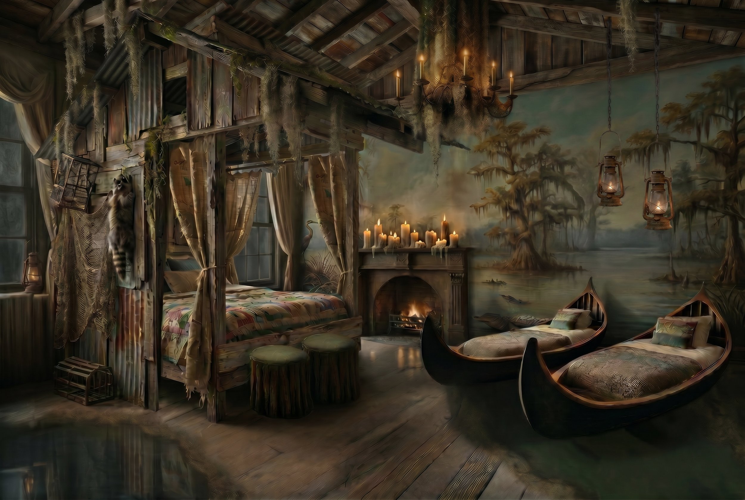 Wooden interior of a cozy rustic room with a mural of a swamp landscape on the wall, candles on the mantel, lanterns hanging from the ceiling, and draped curtains.