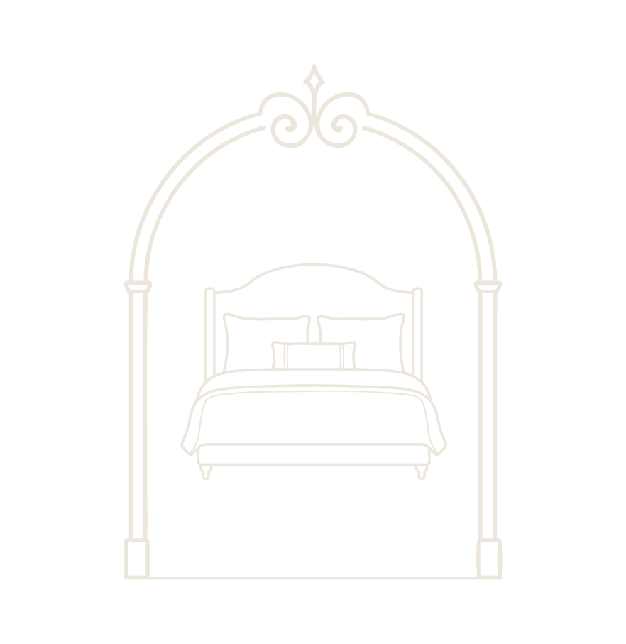 Line drawing of a bed with a canopy and pillows, seen through a decorative arch.
