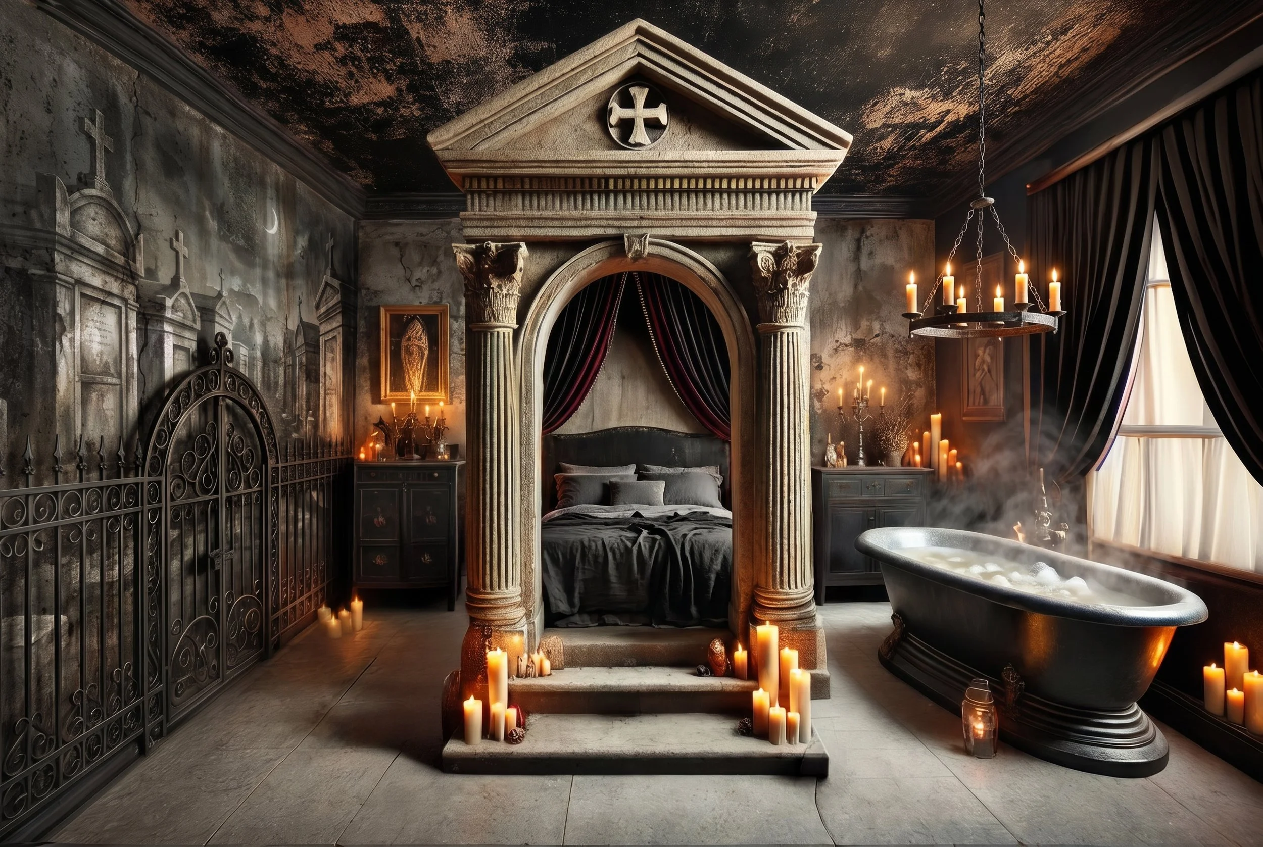 Dark, gothic bedroom with coffin-shaped bed under a medieval-style arch with Corinthian columns, surrounded by lit candles and candles on the walls, with a black clawfoot bathtub filled with bubbles nearby, and dark curtains covering a window.