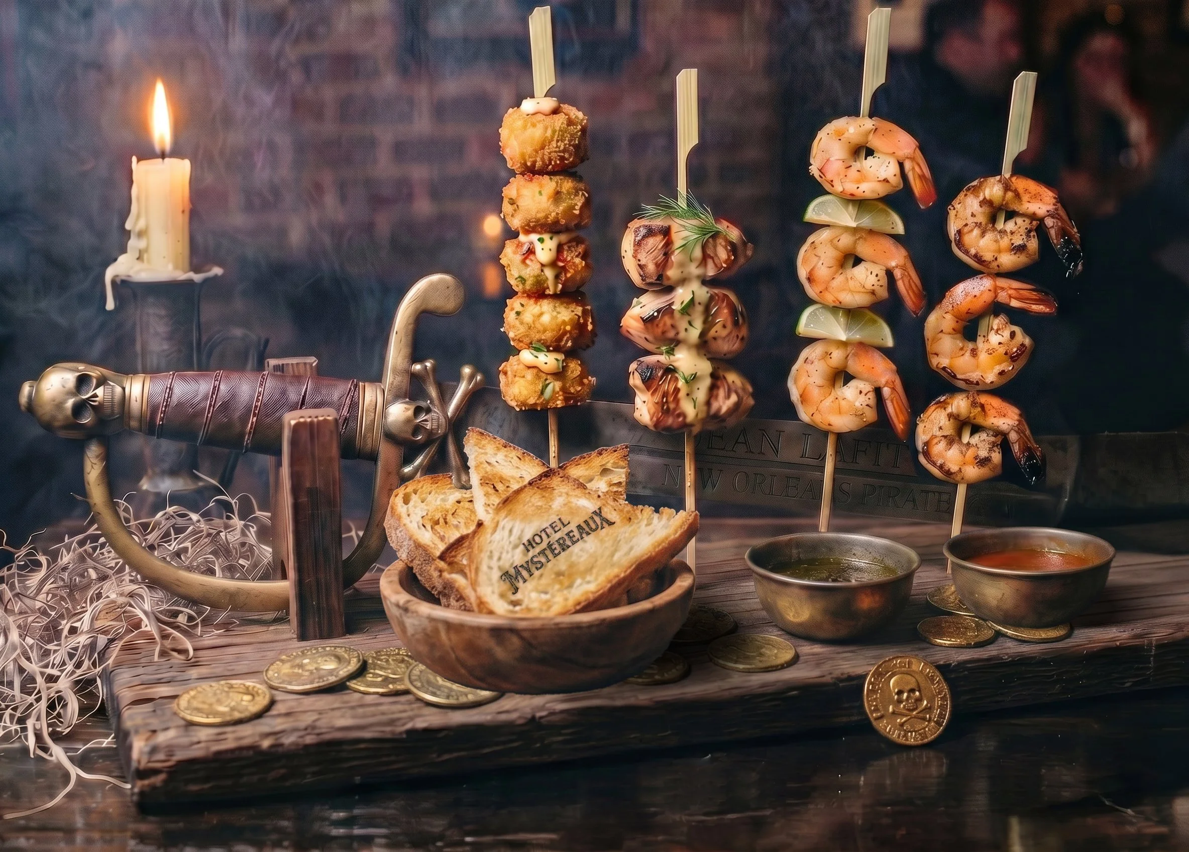 Assorted grilled shrimp skewers accompanied by lemon wedges, flatbread, and dipping sauces on a wooden tray, with a decorative skull and coins nearby.