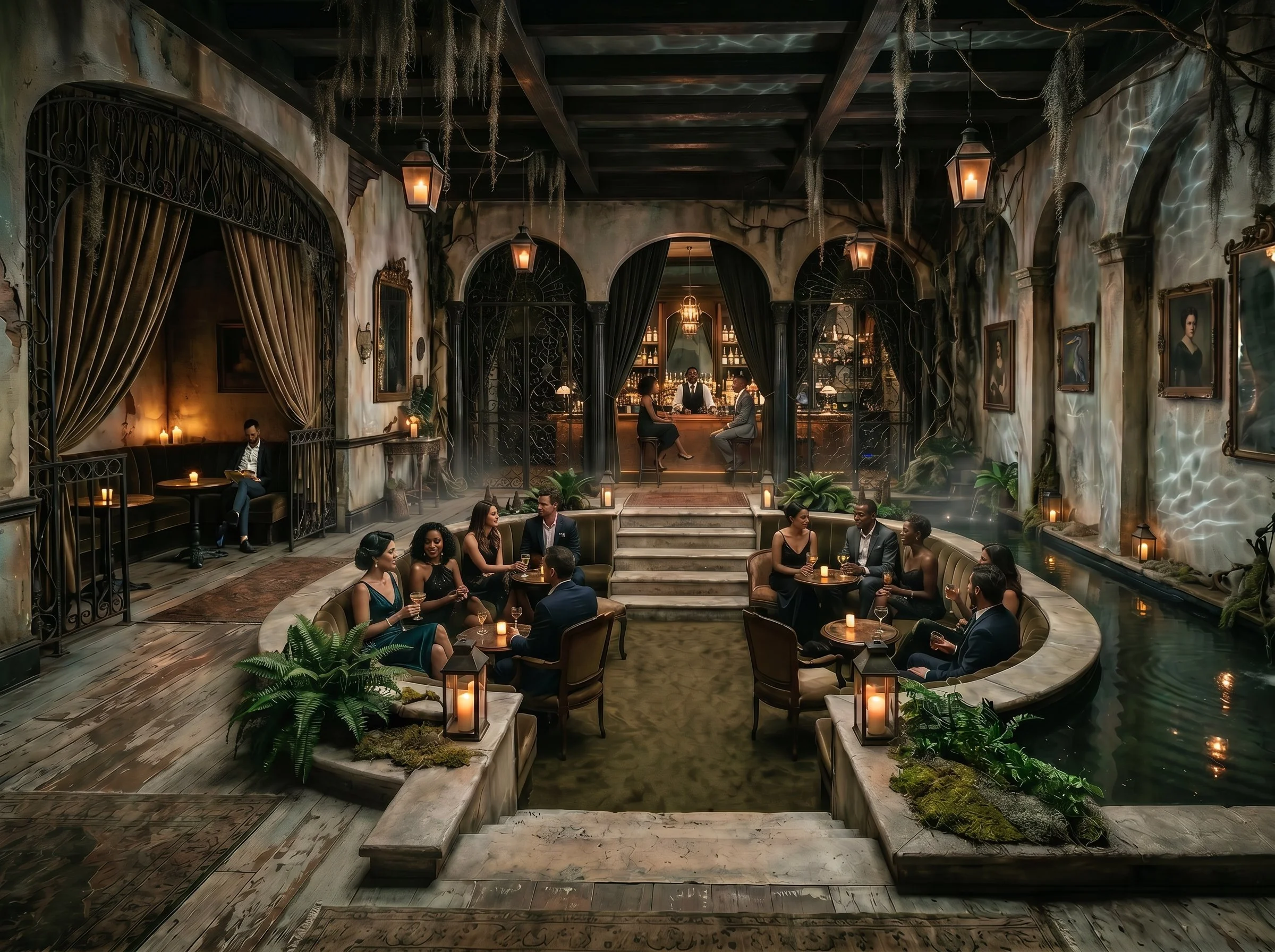 A luxurious dimly lit restaurant or lounge with dark wooden beams, ornate metal work, and eclectic artwork on the walls. People are seated at circular tables with drinks, and a bar with shelves of bottles is visible in the background. Candles and plants add to the ambiance.