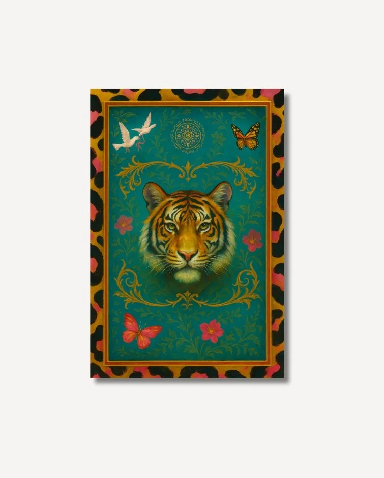 Eden's Guardian Art on Archival paper -A  tiger amid butterflies, vibrant blooms, and fluttering birds art print