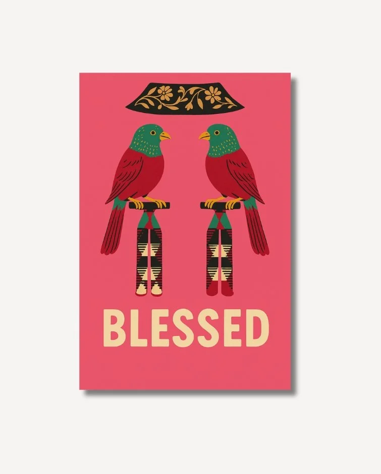 Chit Chat Blessed Original Art on archival paper featuring two richly hued birds in a symmetrical composition against a striking pink backdrop
