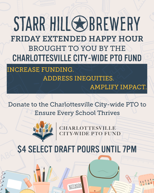 Cheers for Charlottesville Schools: Extended Happy Hour at Starr Hill Brewery