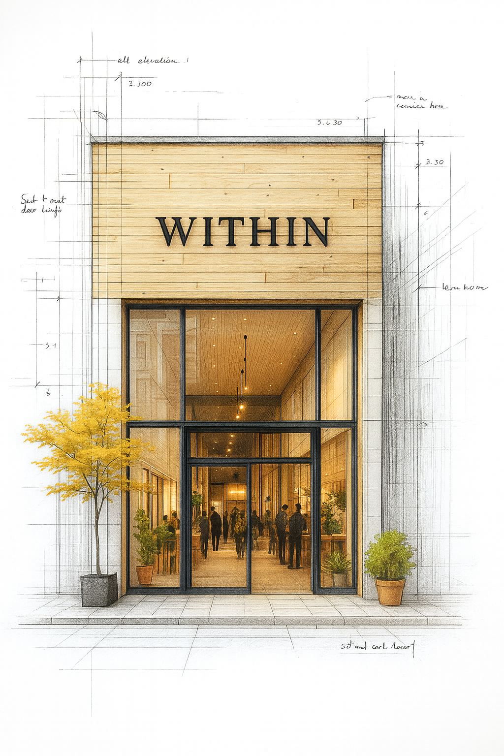 Architectural rendering of the front entrance of a building with the word 'WITHIN' displayed above the door, featuring a modern design with large glass windows, potted plants, and interior lighting visible inside.